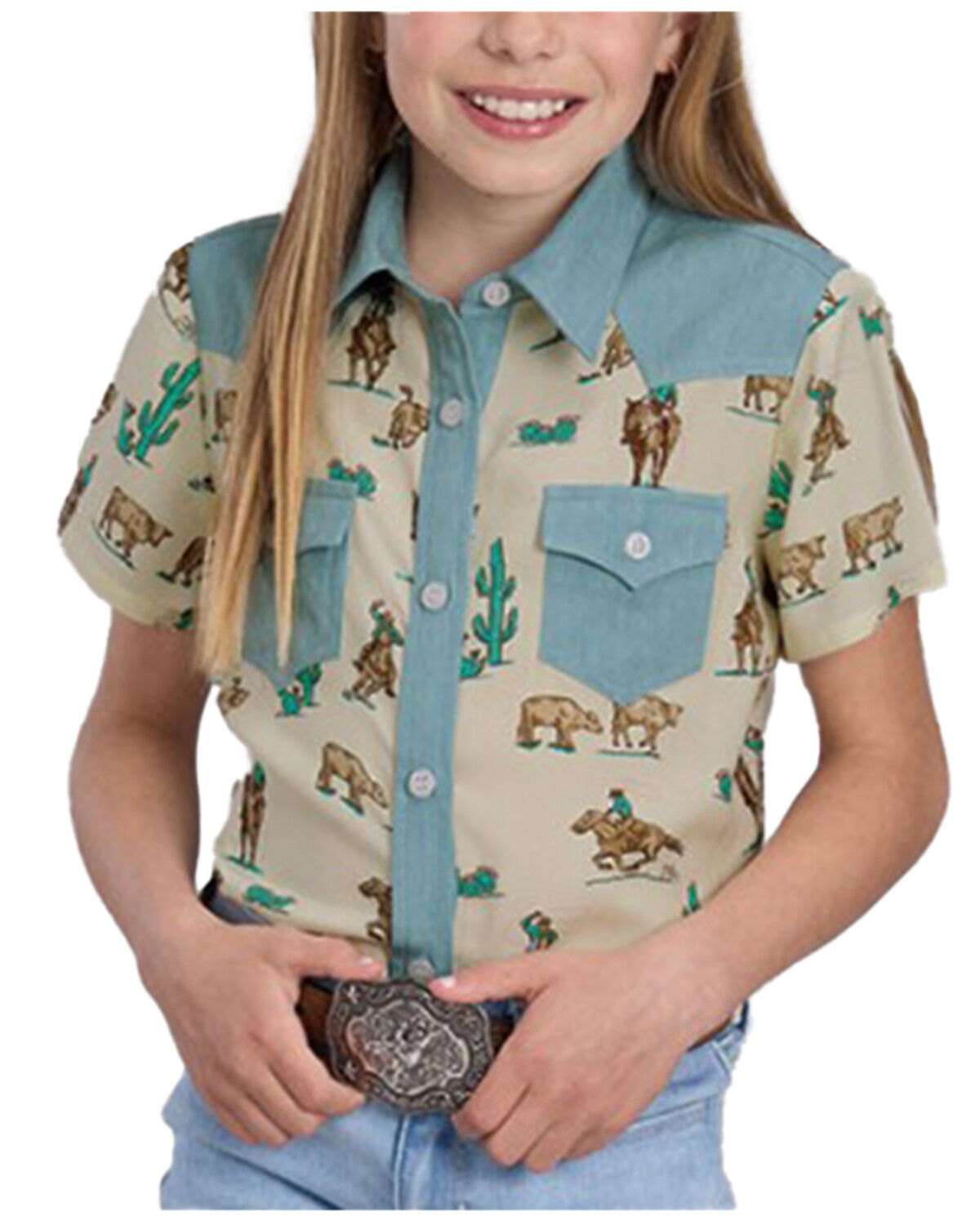 Image #1 - Roper Girls' Cow Print Denim Color Block Short Sleeve Button-Down Western Shirt, Tan, hi-res