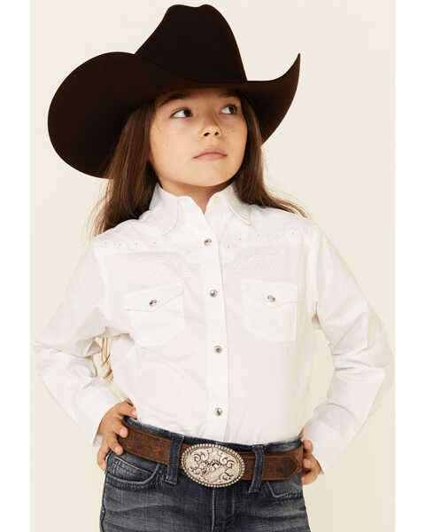 Wrangler Kid's Embroidered Long Sleeve Western Shirt, White, hi-res