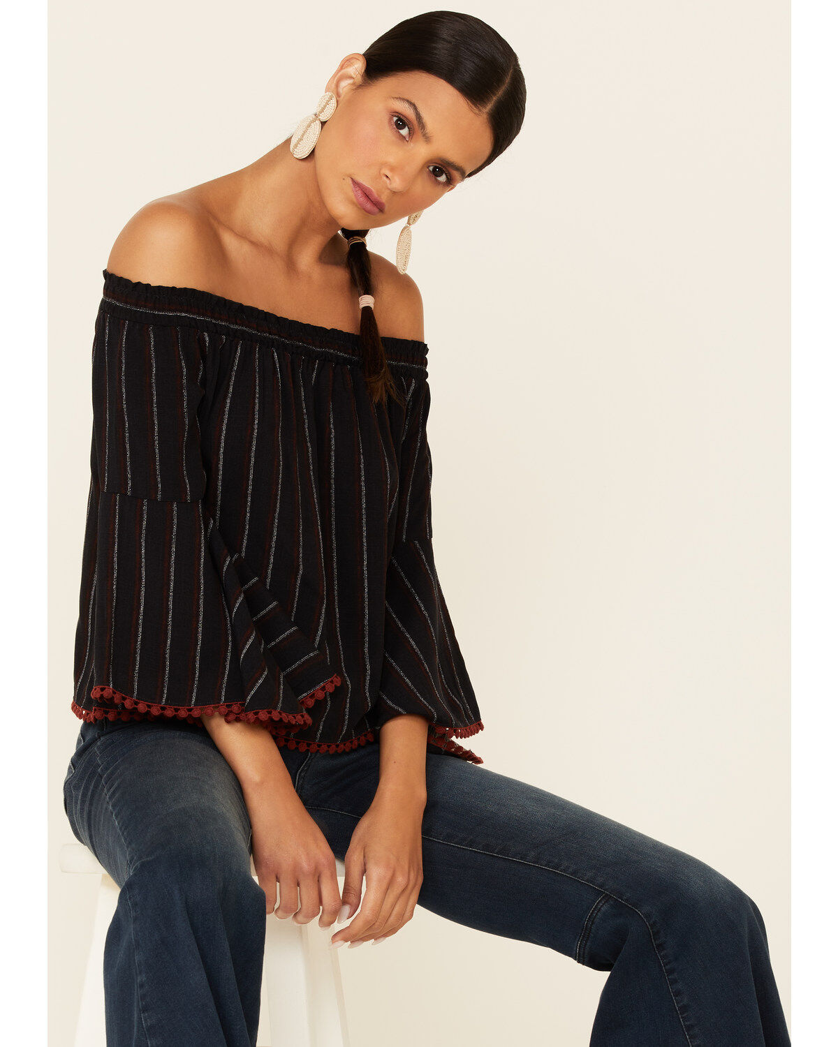 Image #1 - Shyanne Women's Striped Off-Shoulder Long Sleeve Top, , hi-res