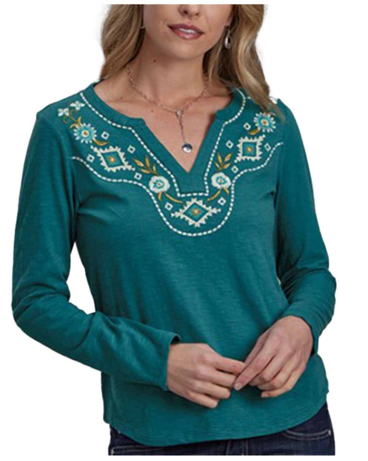 Roper Women's Floral Southwestern Embroidered Long Sleeve Shirt, Teal, hi-res