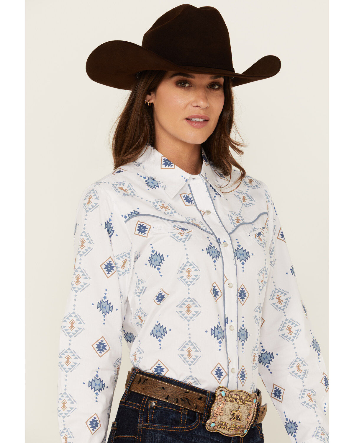 Image #2 - Ely Walker Women's Southwestern Print Long Sleeve Pearl Snap Western Shirt, White, hi-res