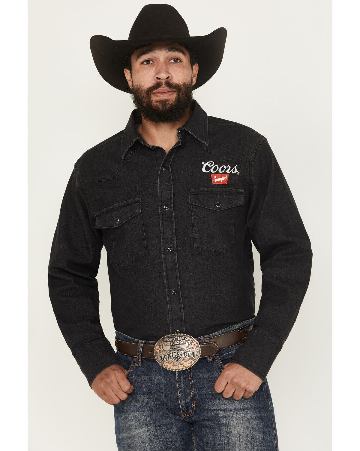 Coors Men's Boot Barn Exclusive Logo Embroidered Long Sleeve Snap Denim Shirt, Black, hi-res