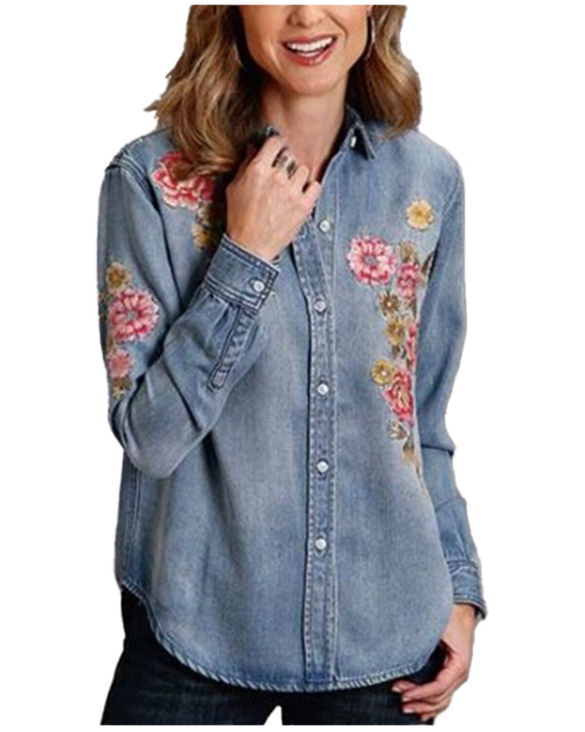 Stetson Women's Blue Denim Embroidered Long Sleeve Button Down Blouse Shirt, Blue, hi-res