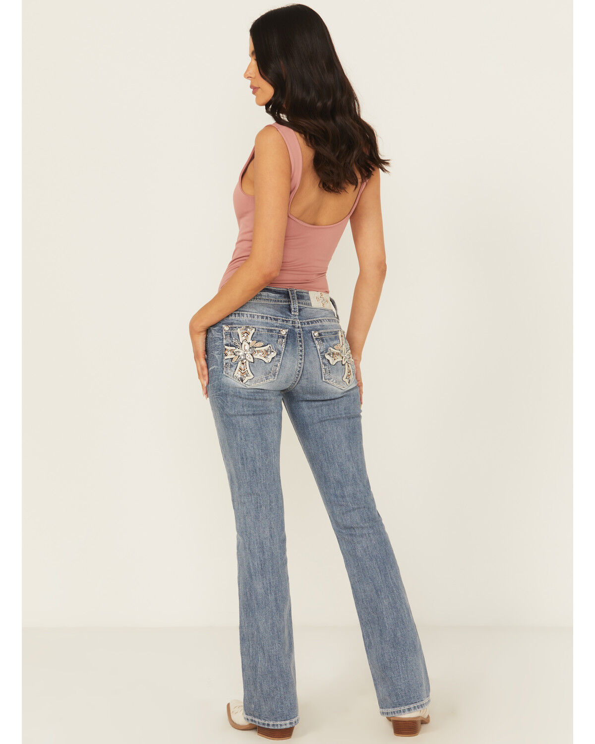 Product Name:  Miss Me Women's Dark Wash Mid Rise Faux Flap Pocket Bootcut Stretch Denim Jeans