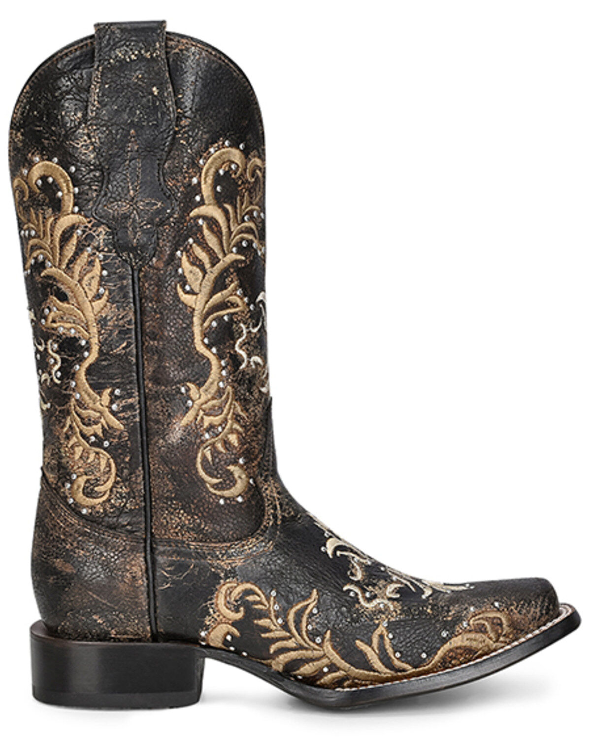 Image #2 - Circle G Women's Embroidered & Studded Distressed Tall Western Boots - Square Toe, Black/tan, hi-res