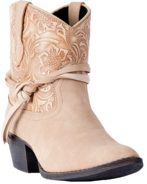 Dingo Women's Floral Tooled Knotted Strap Booties - Medium Toe, Tan, hi-res