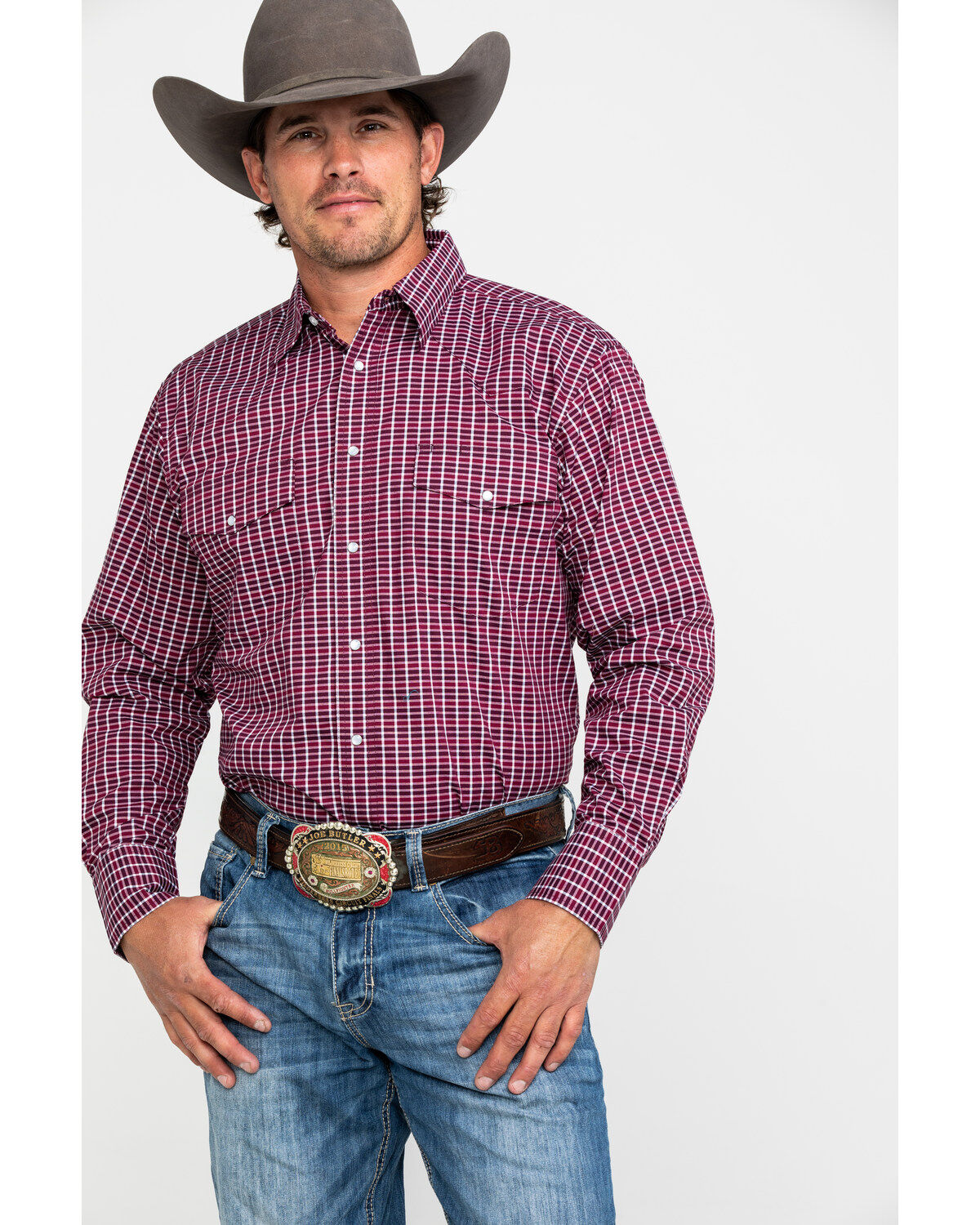 Image #1 - Wrangler Men's Wrinkle Resist Small Plaid Long Sleeve Western Shirt, Red, hi-res