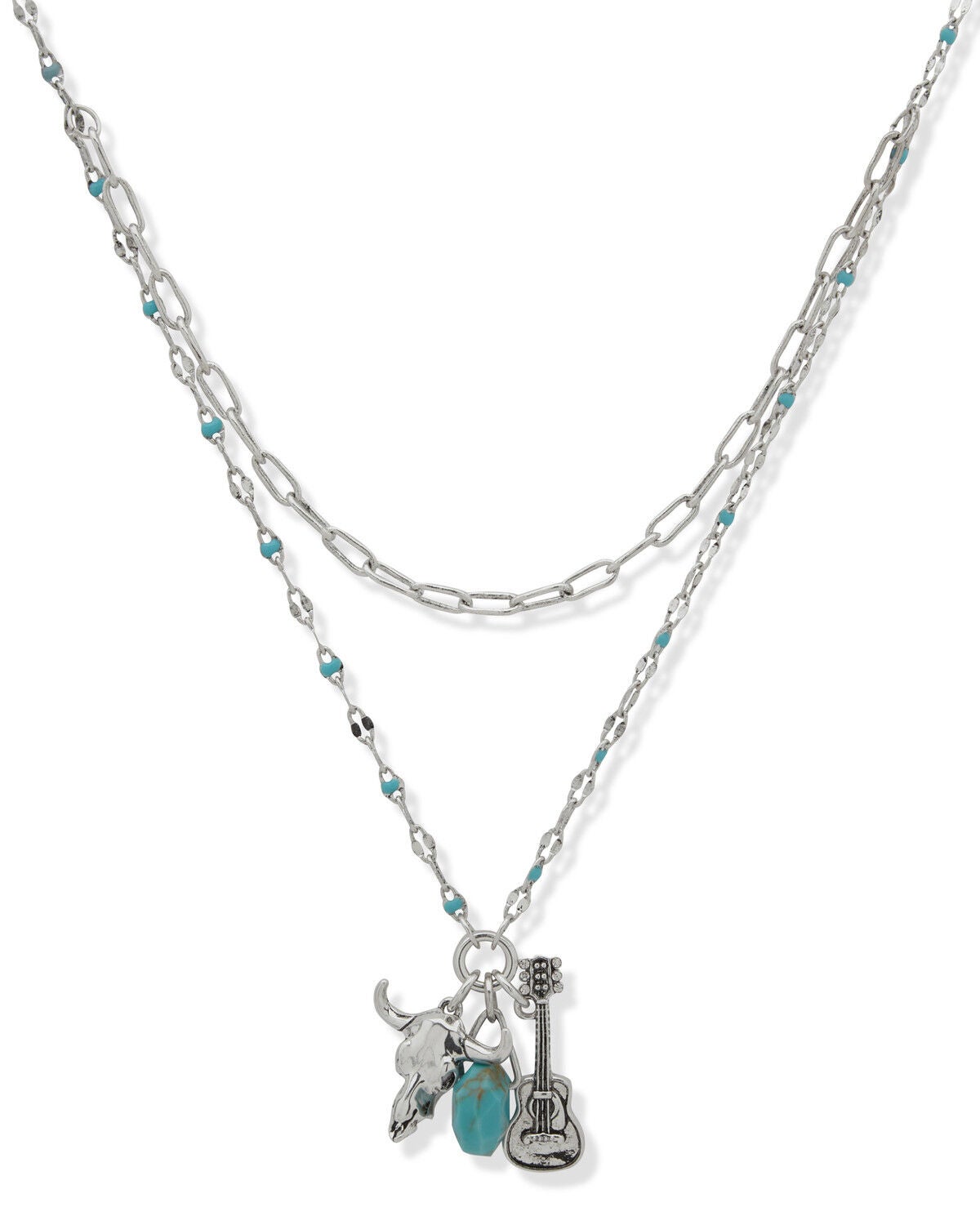 Lainey Wilson Women's Guitar Charm Layered Necklace, Silver, hi-res