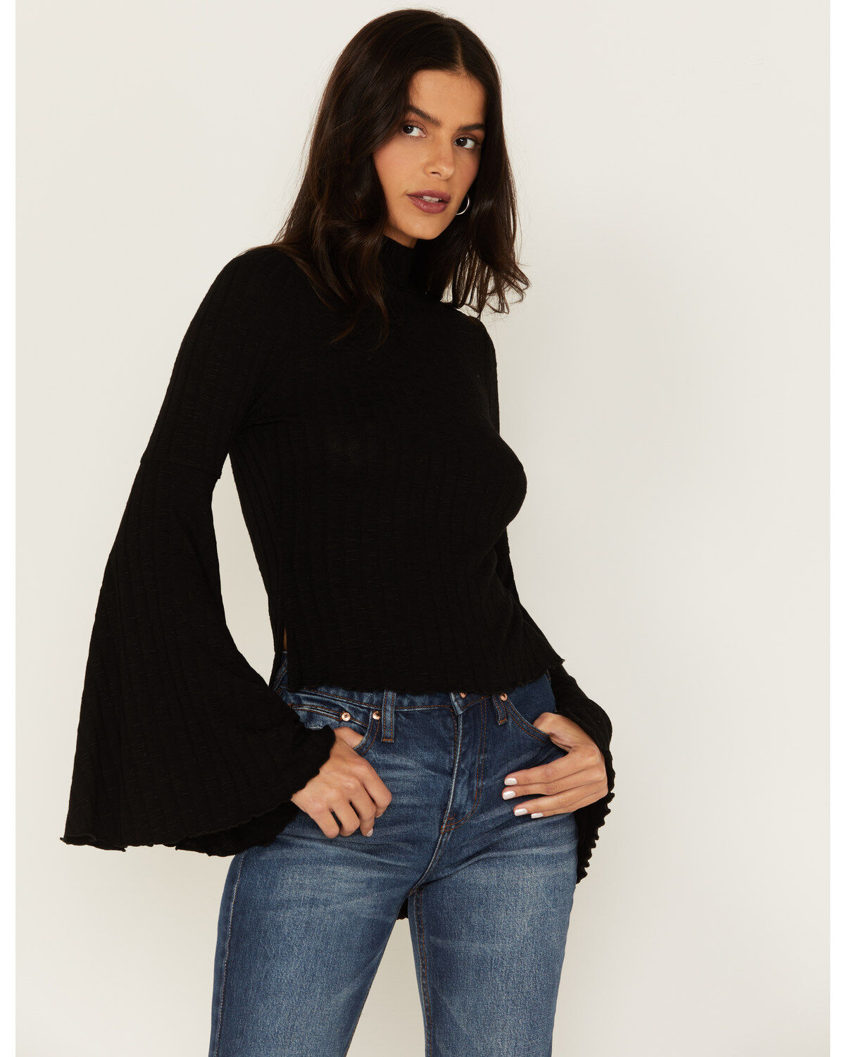 Image #1 - Shyanne Women's Rib Knit Mock Neck Bell Sleeve Top, Black, hi-res