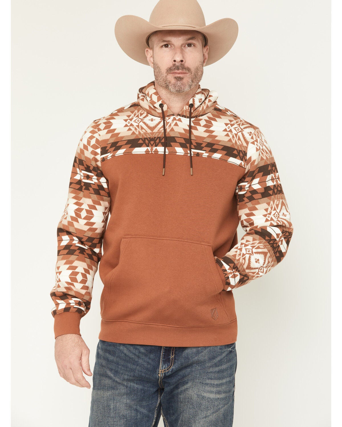 RANK 45&reg; Men's Dusted Southwestern Print Color Block Hooded Sweatshirt, Cognac, hi-res
