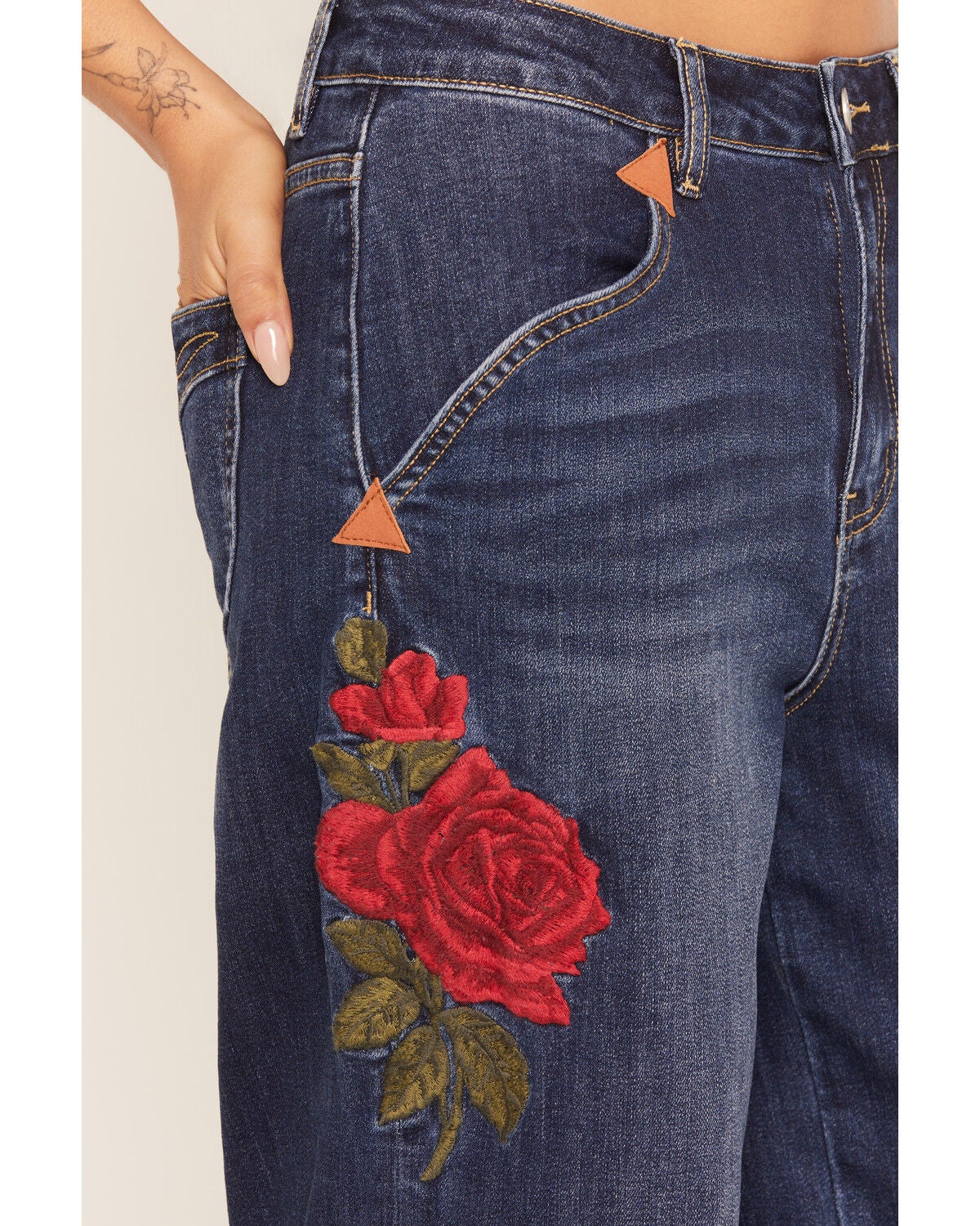 Image #2 - Rodeo Quincy X Boot Barn Women's Vintage Rose Dark Wash High Rise Wide Leg Stretch Denim Jeans, Dark Wash, hi-res