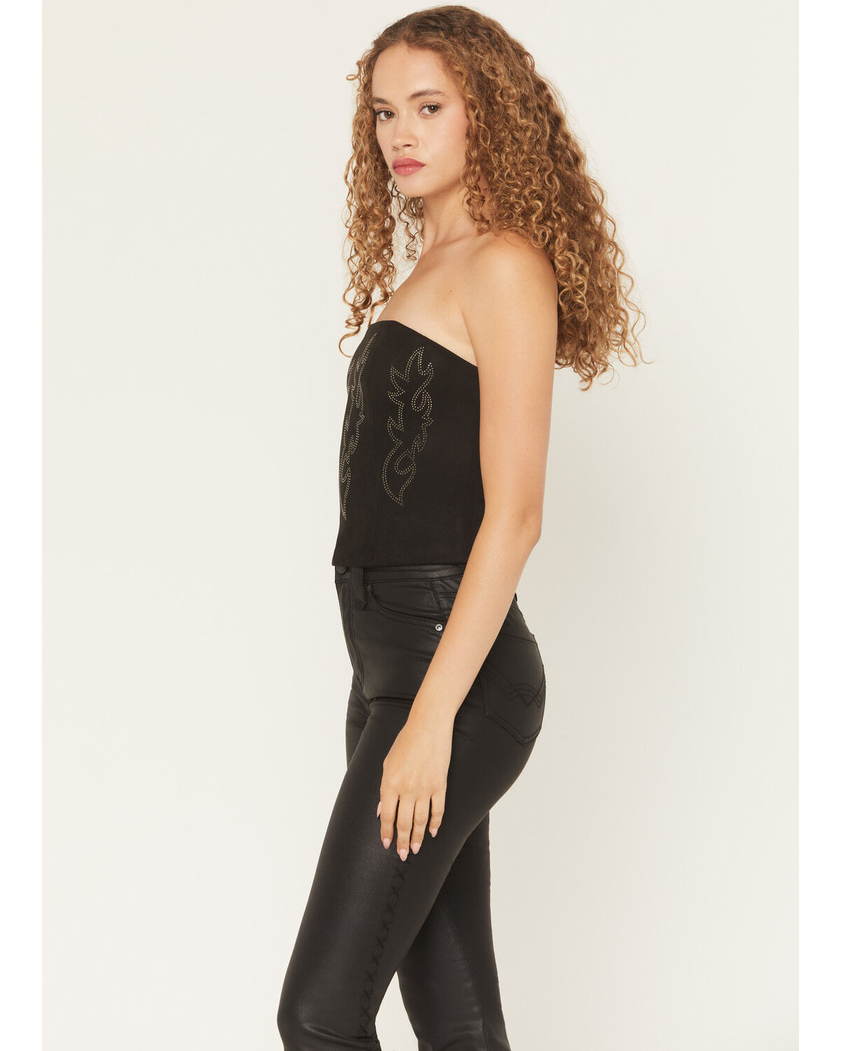 Image #2 - Originality Women's Faux Suede Boot Stitch Corset, Black, hi-res