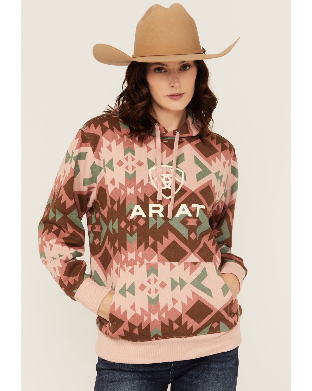 Ariat Women's Boot Barn Exclusive Southwestern Print Logo Hoodie, Pink, hi-res