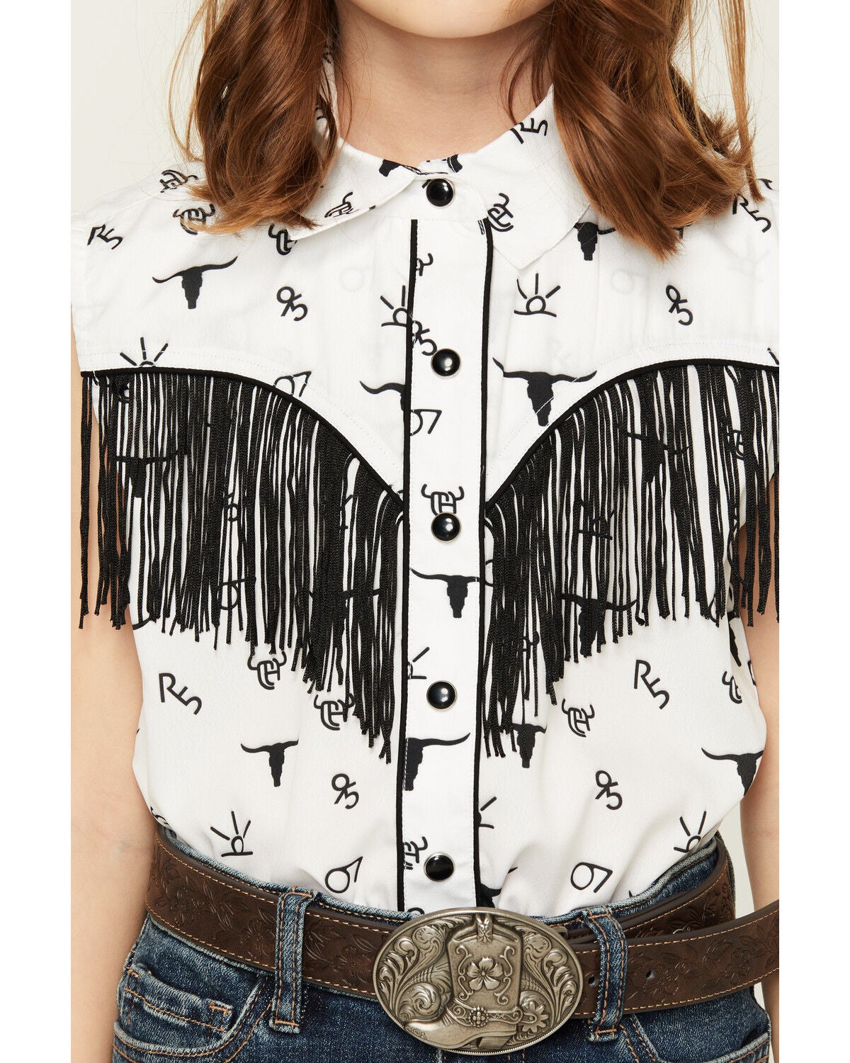 Image #3 - Cowgirl Hardware Girls' Branding Iron Fringe Sleeveless Snap Western Shirt, Black/white, hi-res
