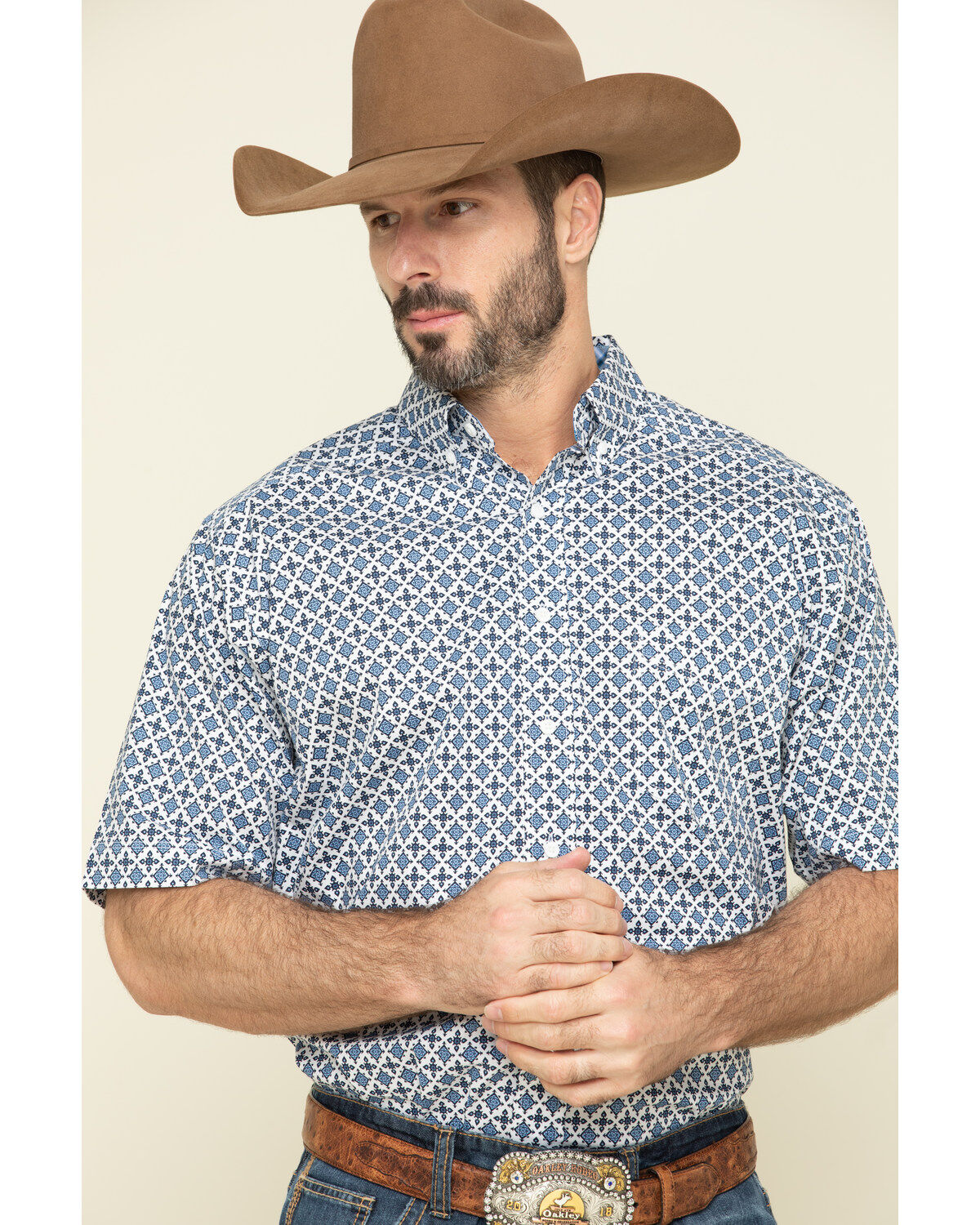 Image #1 - Tuf Cooper Men's Competition White Stretch Geo Print Short Sleeve Western Shirt, , hi-res