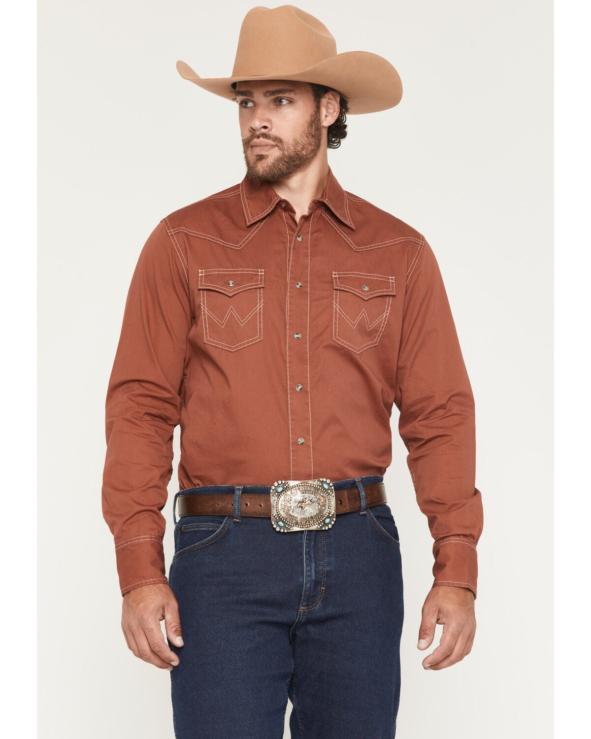 Wrangler Retro Men's Solid Long Sleeve Snap Western Shirt, Rust Copper, hi-res