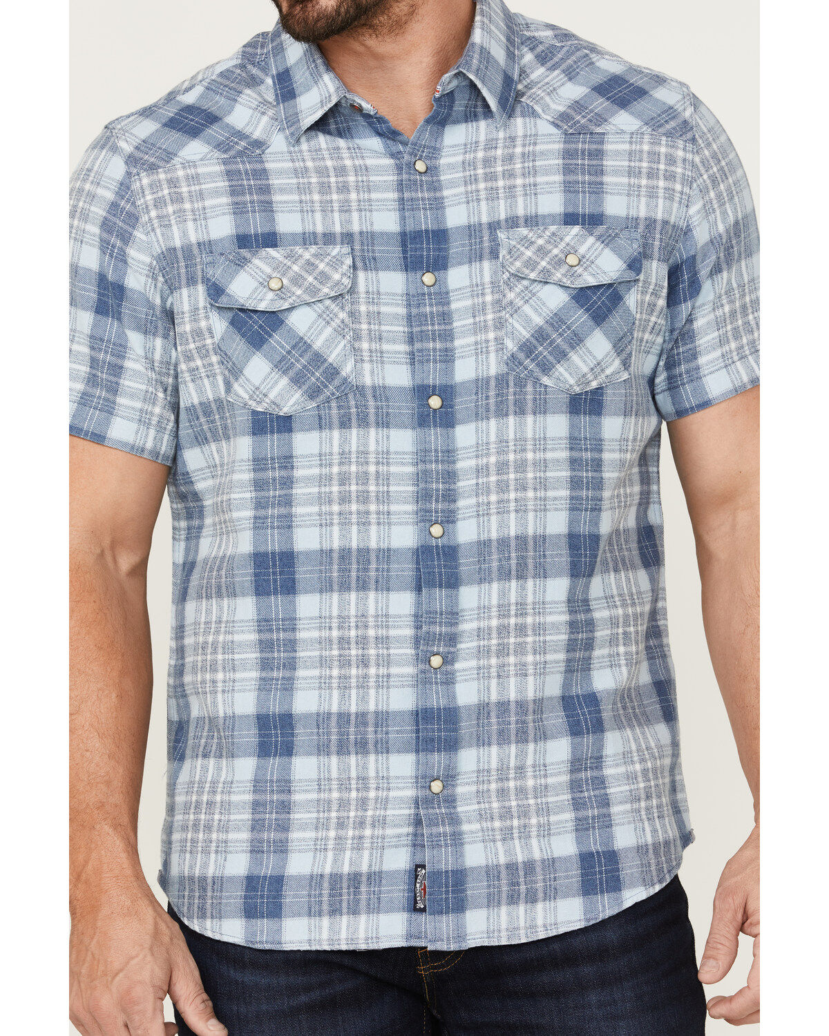 Image #3 - Flag & Anthem Men's Desert Son Cookeville Vintage Large Plaid Short Sleeve Snap Western Shirt, Light Blue, hi-res