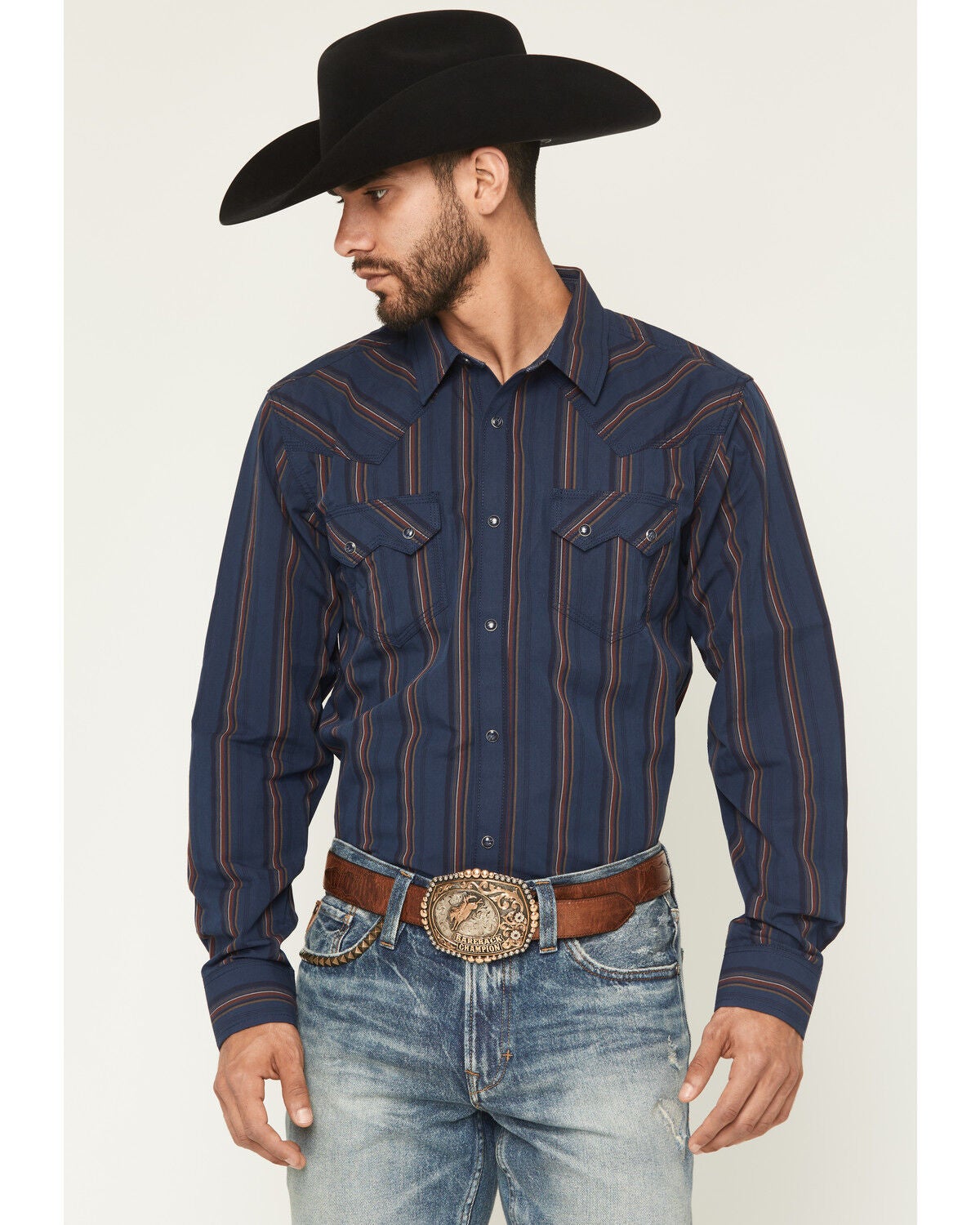 Moonshine Spirit&reg; Men's Riff Stripe Print Long Sleeve Snap Western Shirt, Navy, hi-res