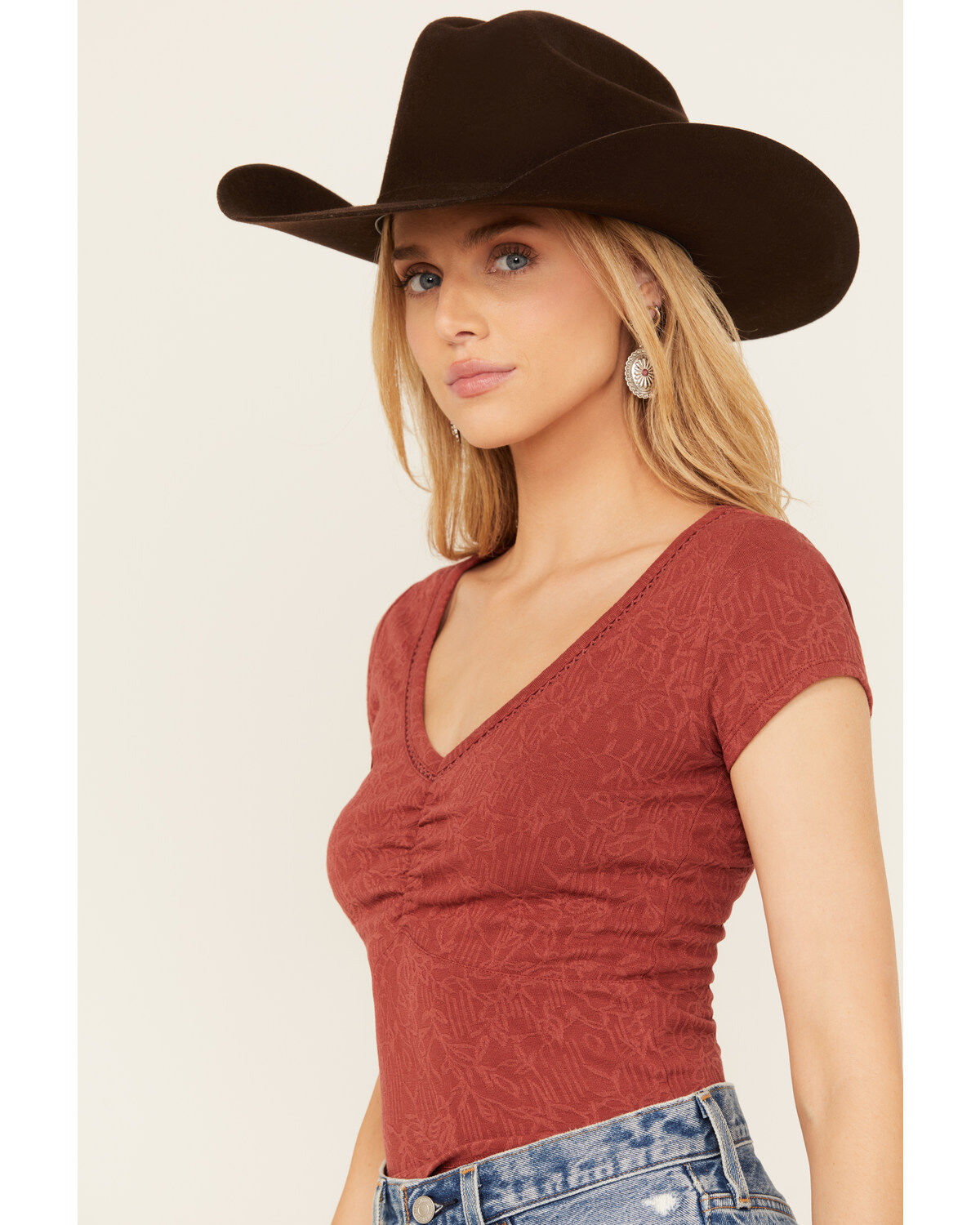 Image #2 - Shyanne Women's V Neck Short Sleeve Stretch Knit Top, Rust Copper, hi-res
