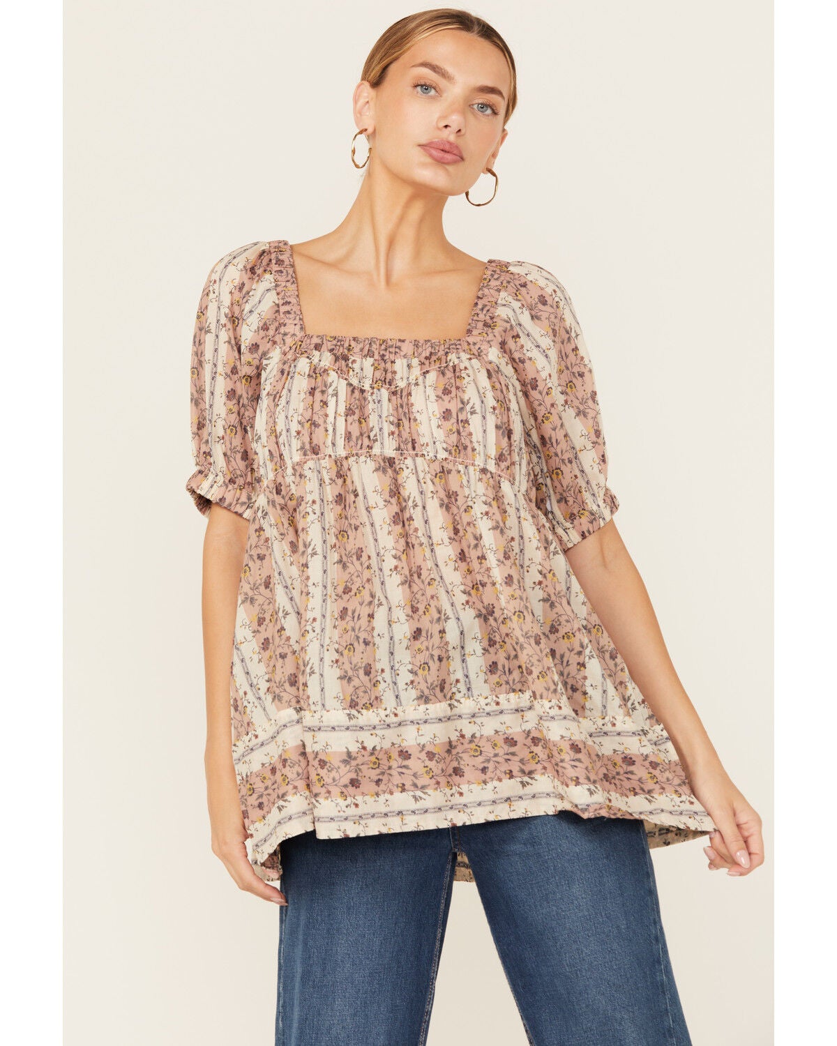 Free People Women's Vintage Lover Floral Print Short Sleeve Blouse, Natural, hi-res