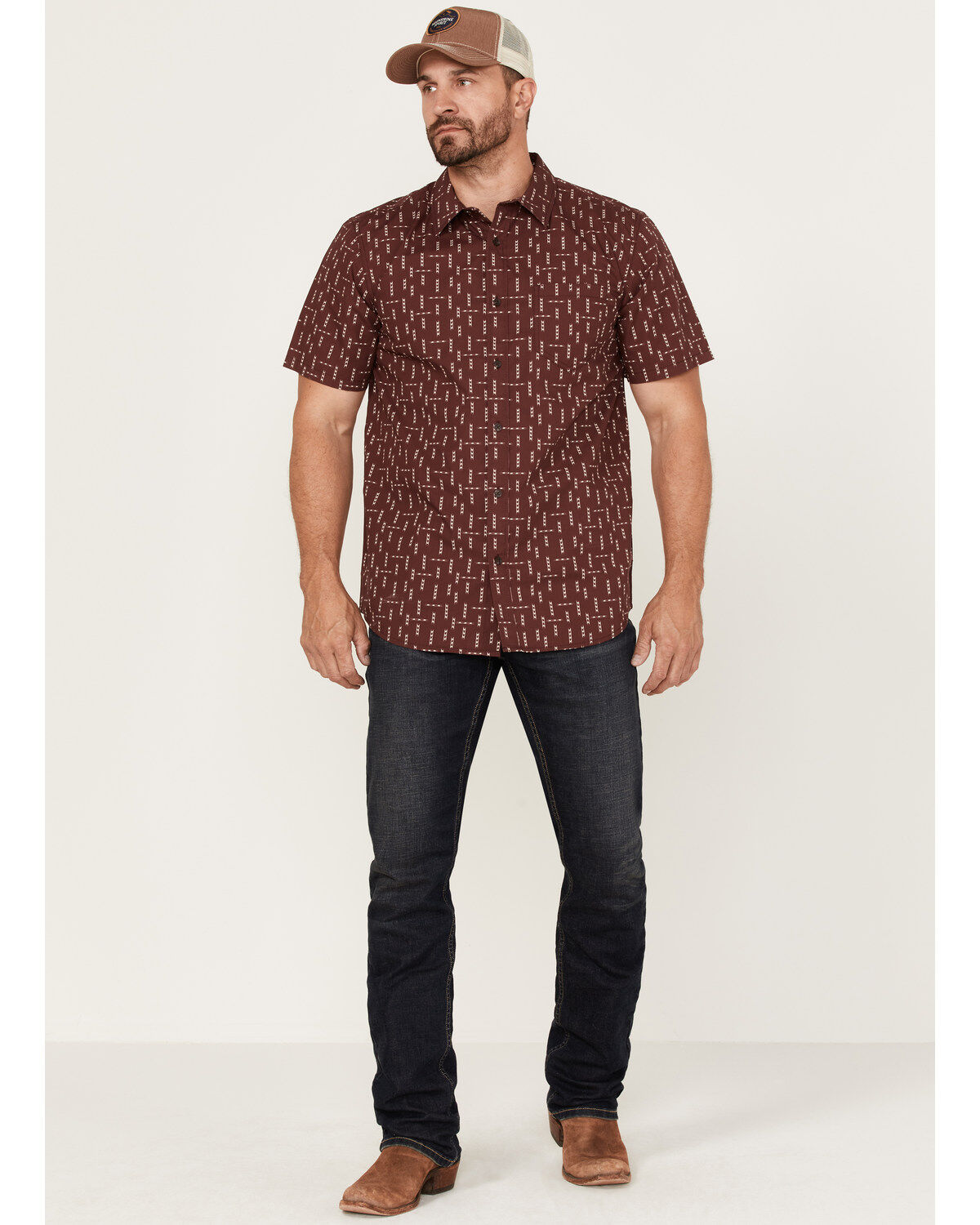 Image #2 - Gibson Men's Tribal Meeting Geo Print Short Sleeve Button Down Western Shirt, Burgundy, hi-res