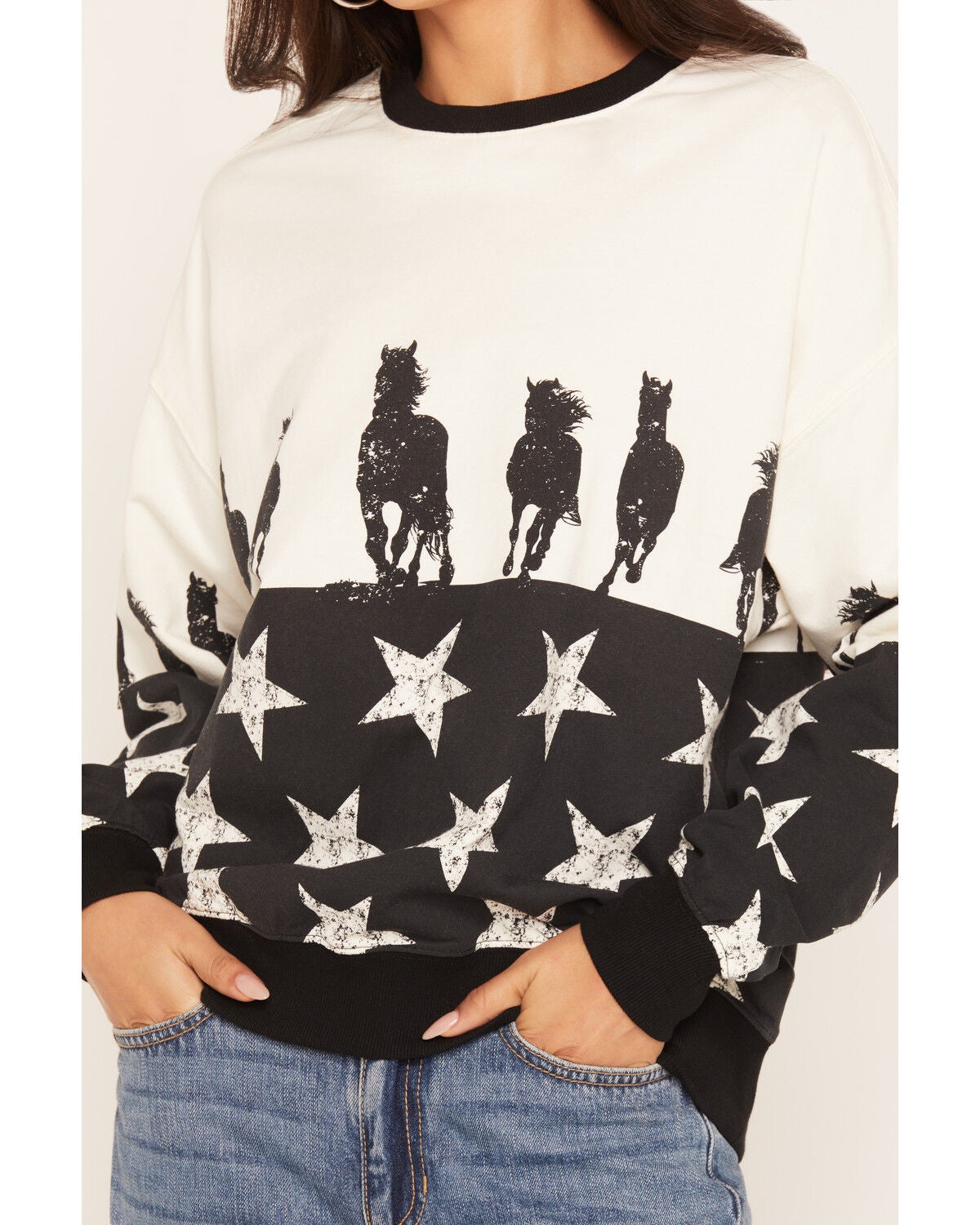 Image #3 - Rock & Roll Denim Women's Horse and Stars Crew Neck Sweatshirt, Ivory, hi-res