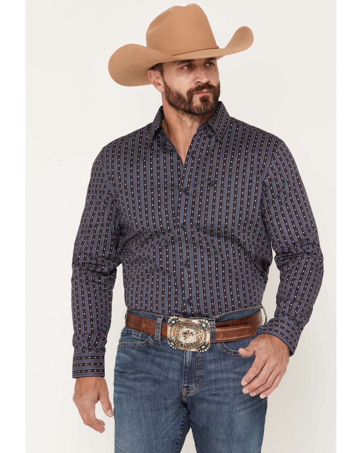 Image #1 - Cody James Men's Huckleberry Floral Striped Long Sleeve Button-Down Stretch Western Shirt, Blue, hi-res