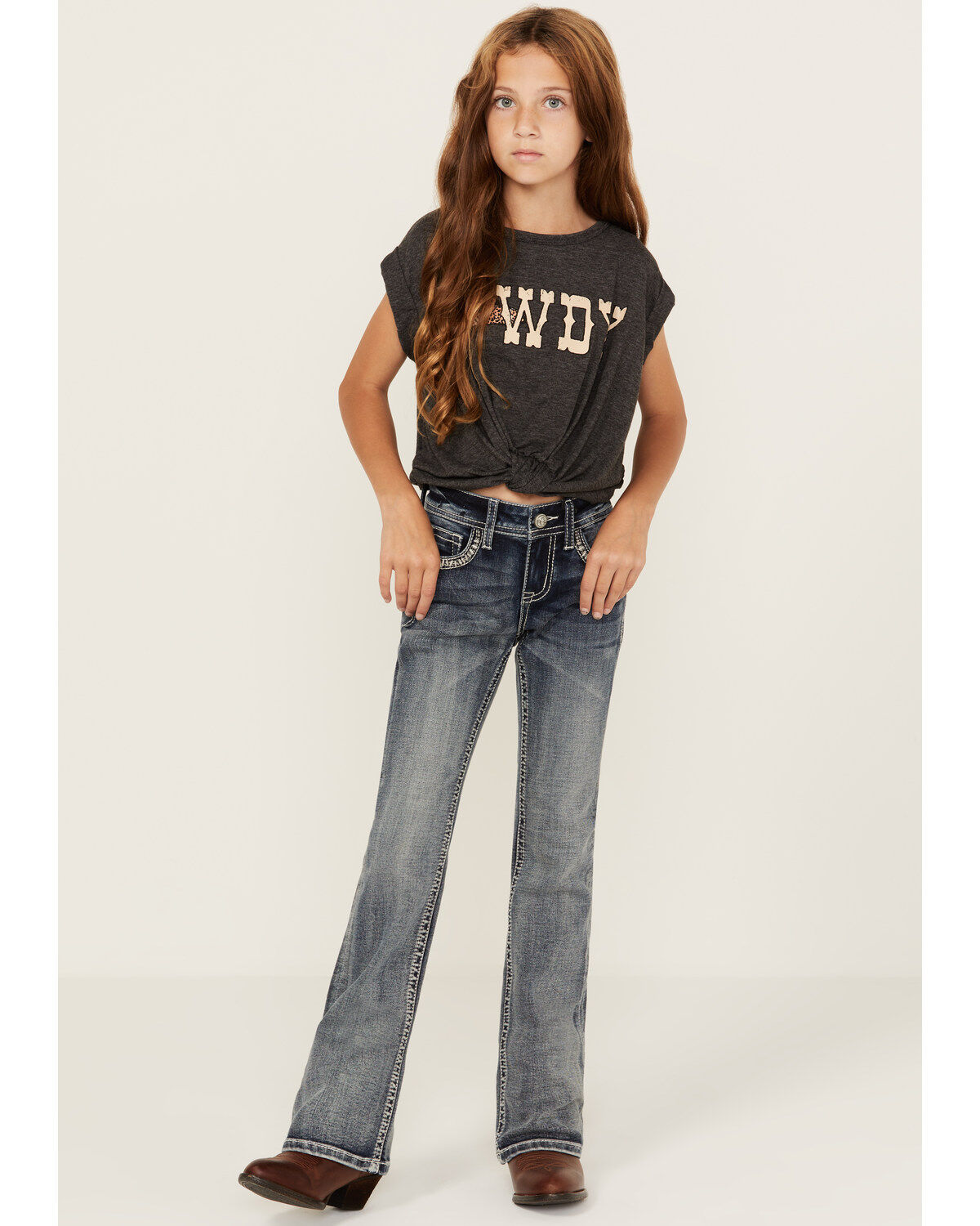 Image #3 - Grace in LA Girls' Medium Wash Horseshoe Embroidered Stretch Bootcut Jeans, Medium Wash, hi-res