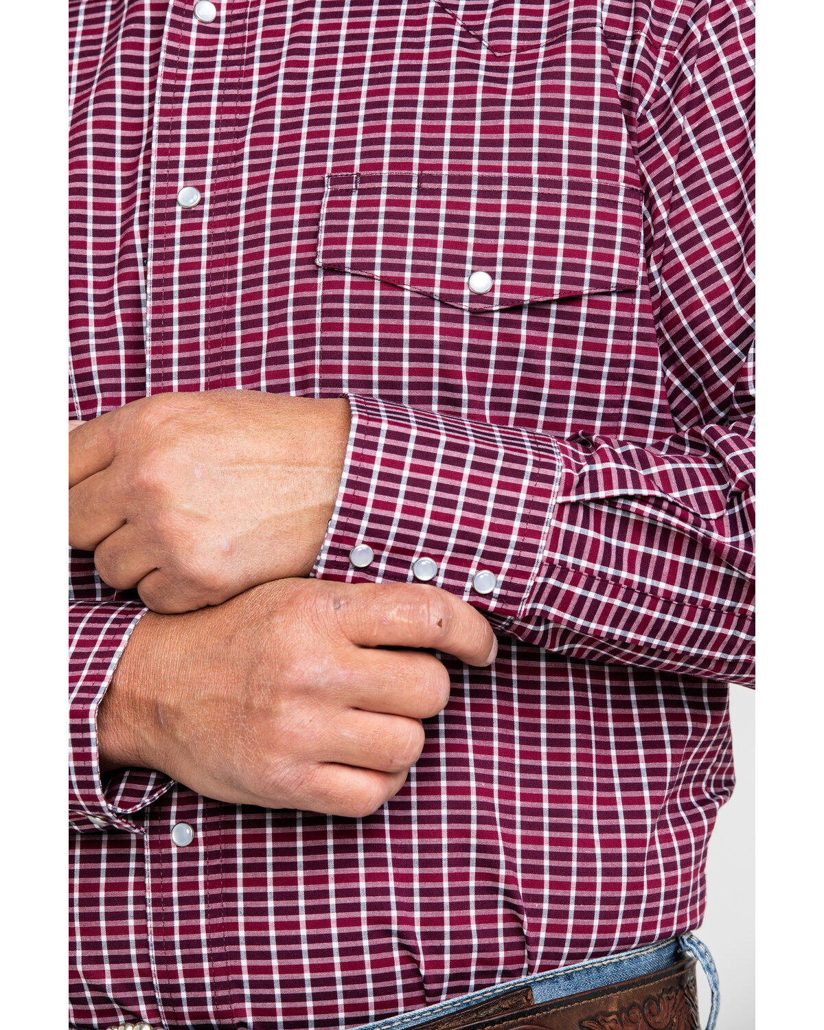 Image #4 - Wrangler Men's Wrinkle Resist Small Plaid Long Sleeve Western Shirt, Red, hi-res
