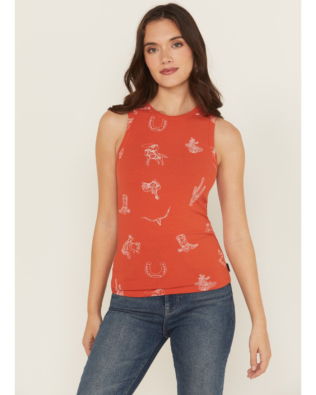 Wrangler Retro Women's Conversational Sleeveless Ribbed Tank Top, Red, hi-res