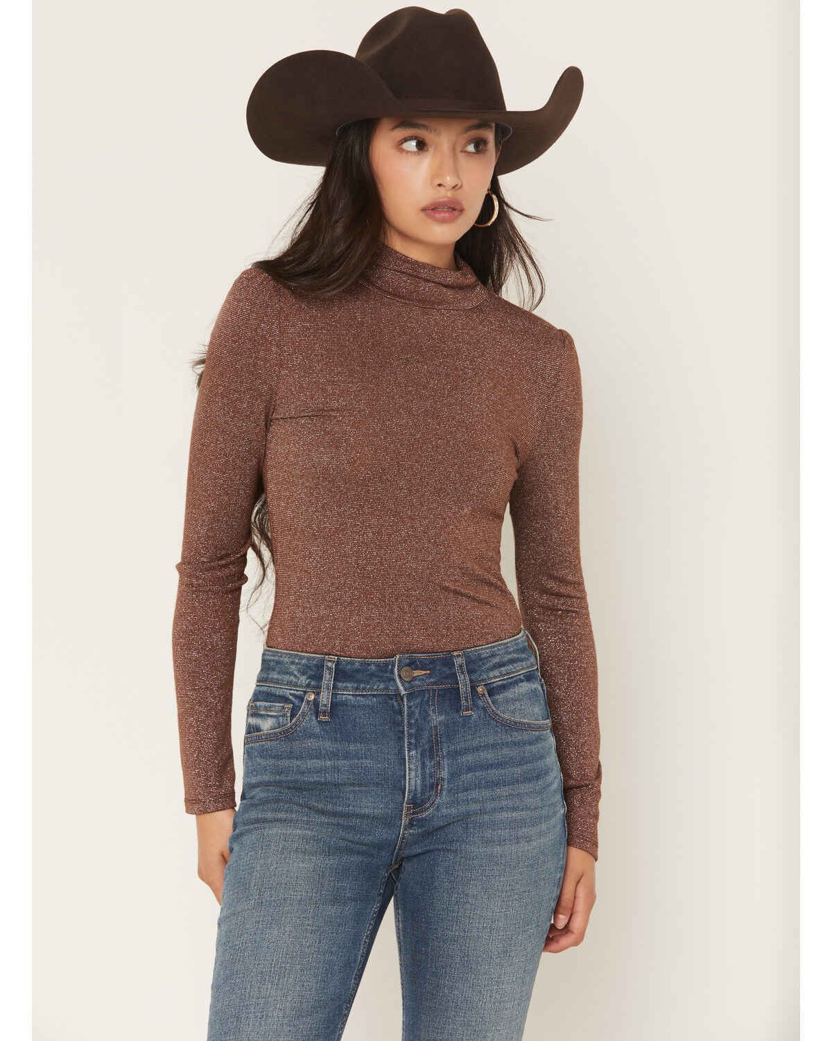 Rock & Roll Denim Women's Sparkle Long Sleeve Shirt, Brown, hi-res