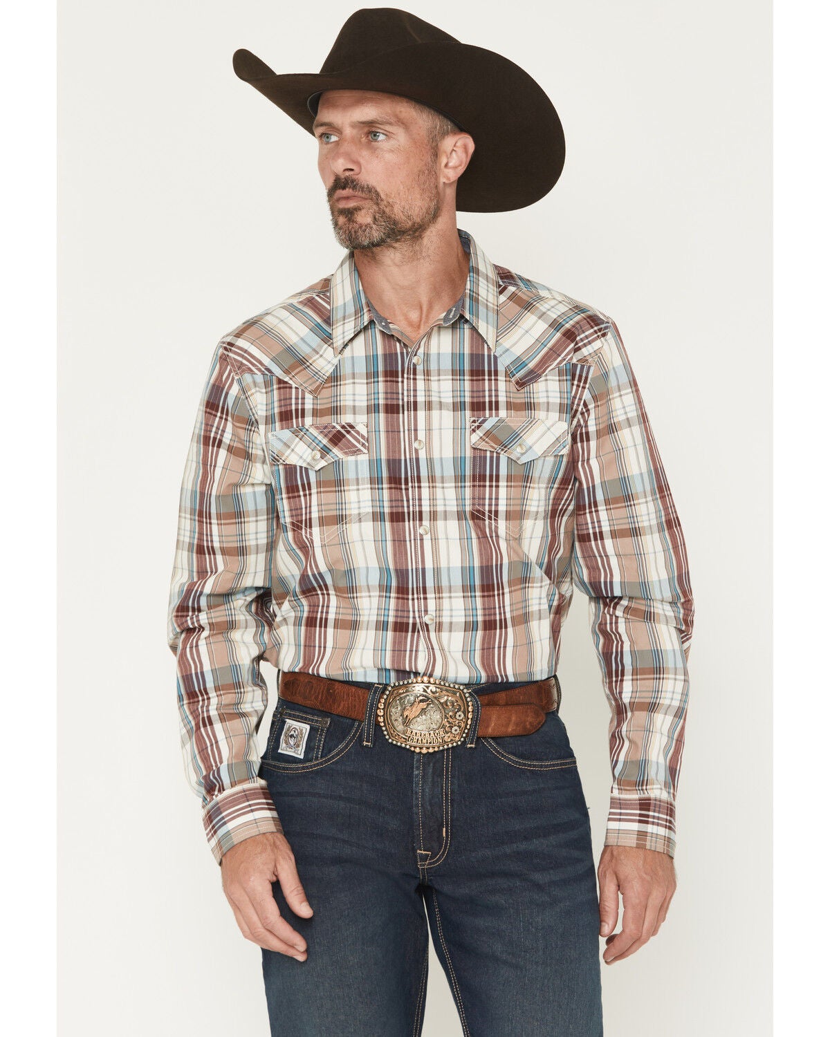 Cody James Men's Ridge Rider Plaid Print Long Sleeve Snap Western Shirt, Tan, hi-res