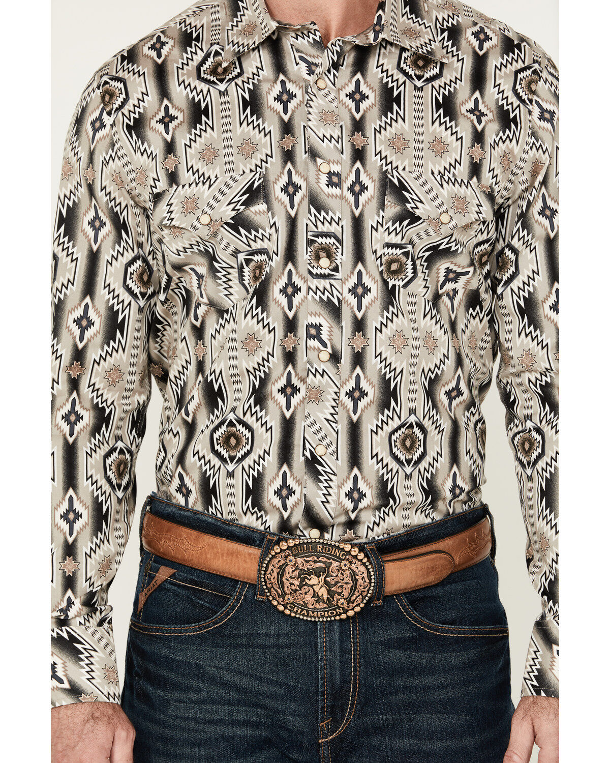 Image #3 - Rock & Roll Denim Men's Southwestern Long Sleeve Pearl Snap Stretch Western Shirt, Sand, hi-res