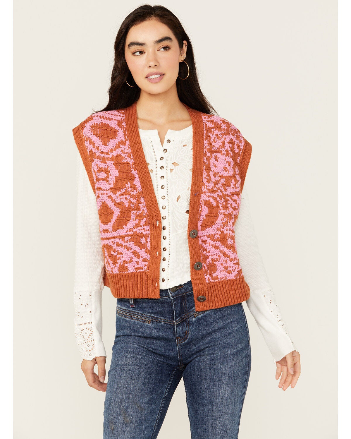Free People Women's Tapestry Sweater Vest, Rust Copper, hi-res