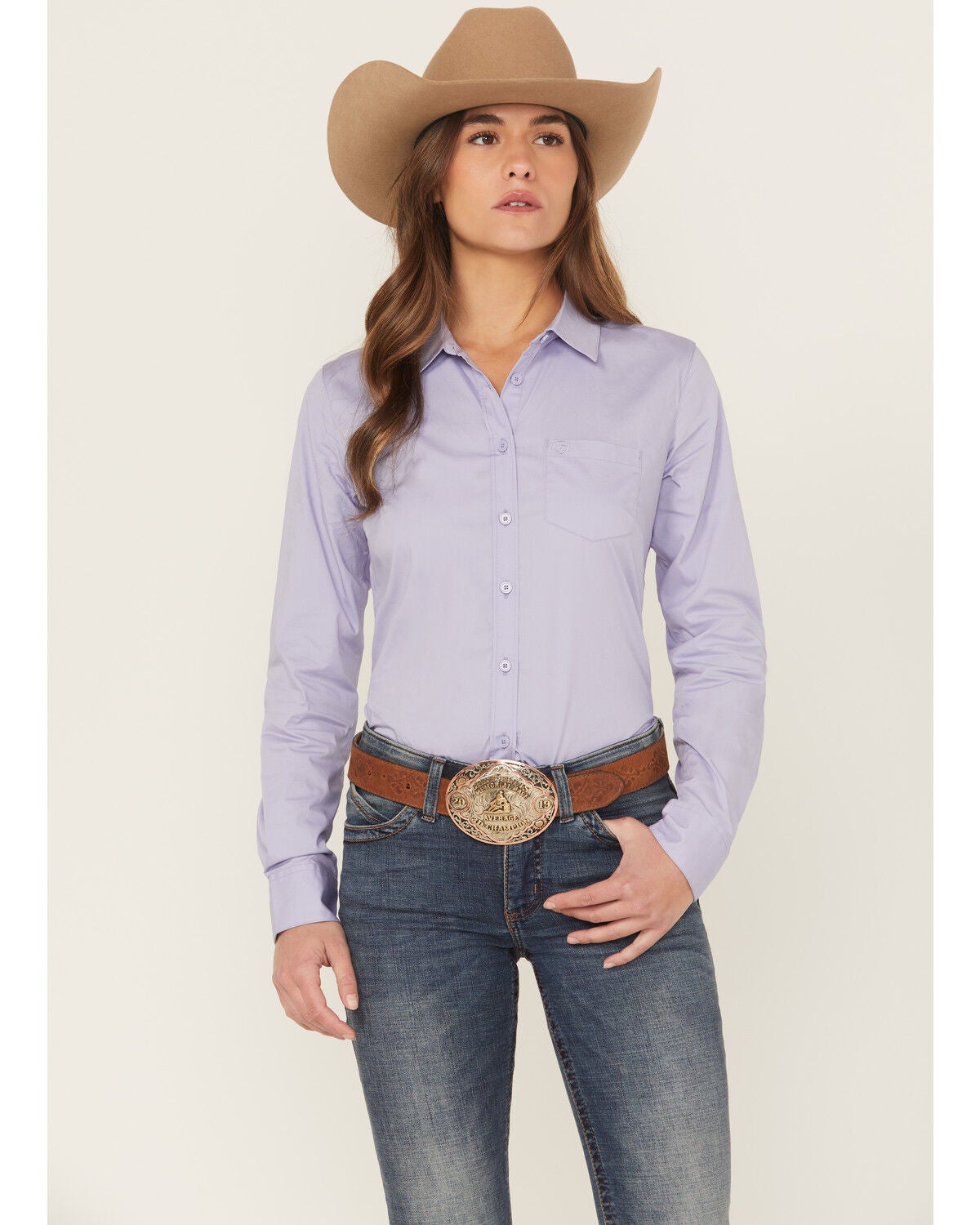 Ariat Women's Boot Barn Exclusive Solid Kirby Long Sleeve Button-Down Stretch Western Shirt, Lavender, hi-res
