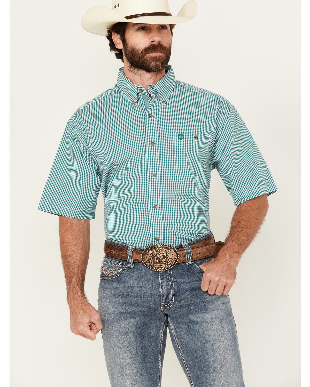 George Strait by Wrangler Men's Checkered Print Short Sleeve Button-Down Stretch Western Shirt, Turquoise, hi-res