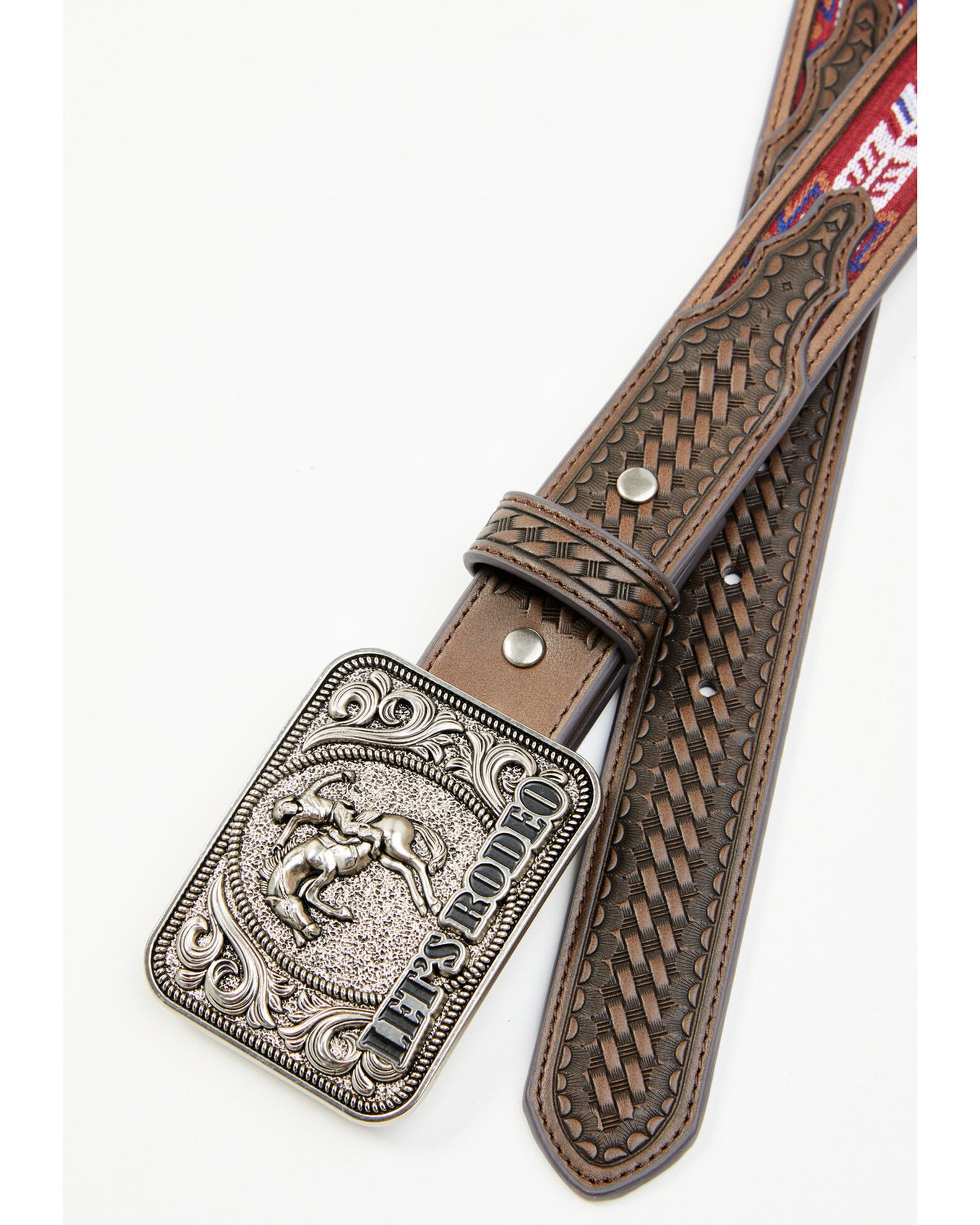 Cody James Boys' Rodeo Buckle Southwestern Woven Inlay Leather Belt, Brown