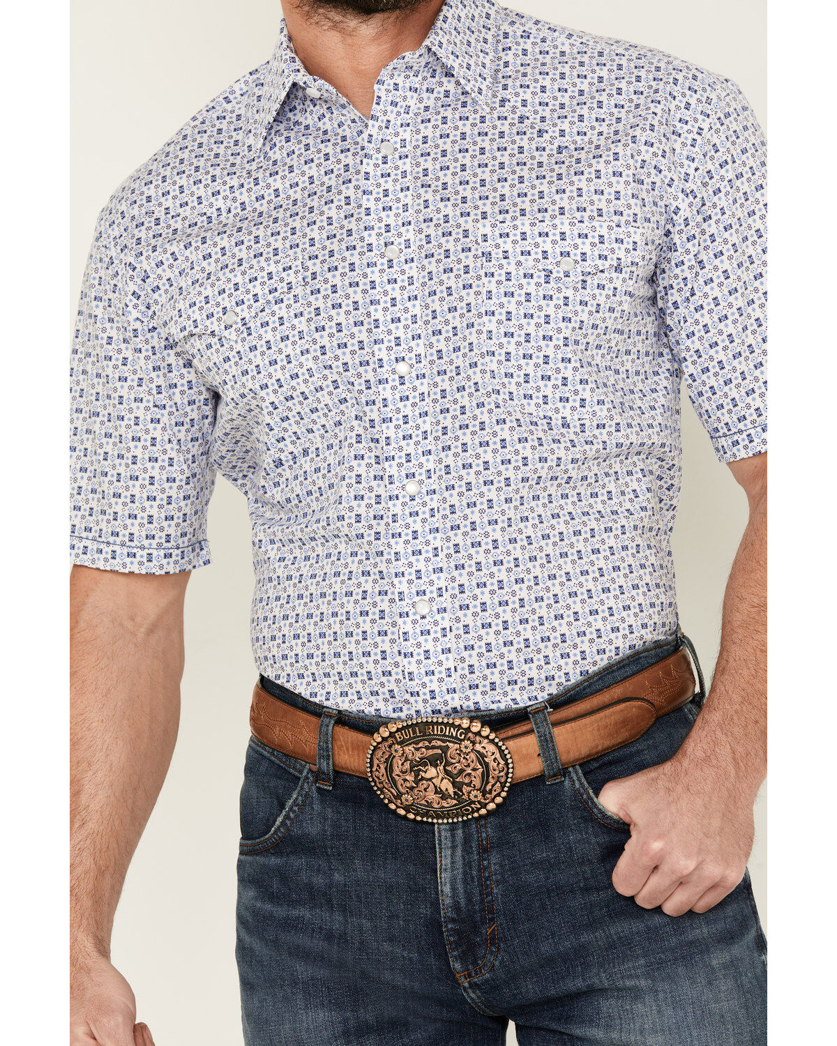 Image #3 - Panhandle Men's Southwestern Print Short Sleeve Pearl Snap Stretch Western Shirt, Blue, hi-res