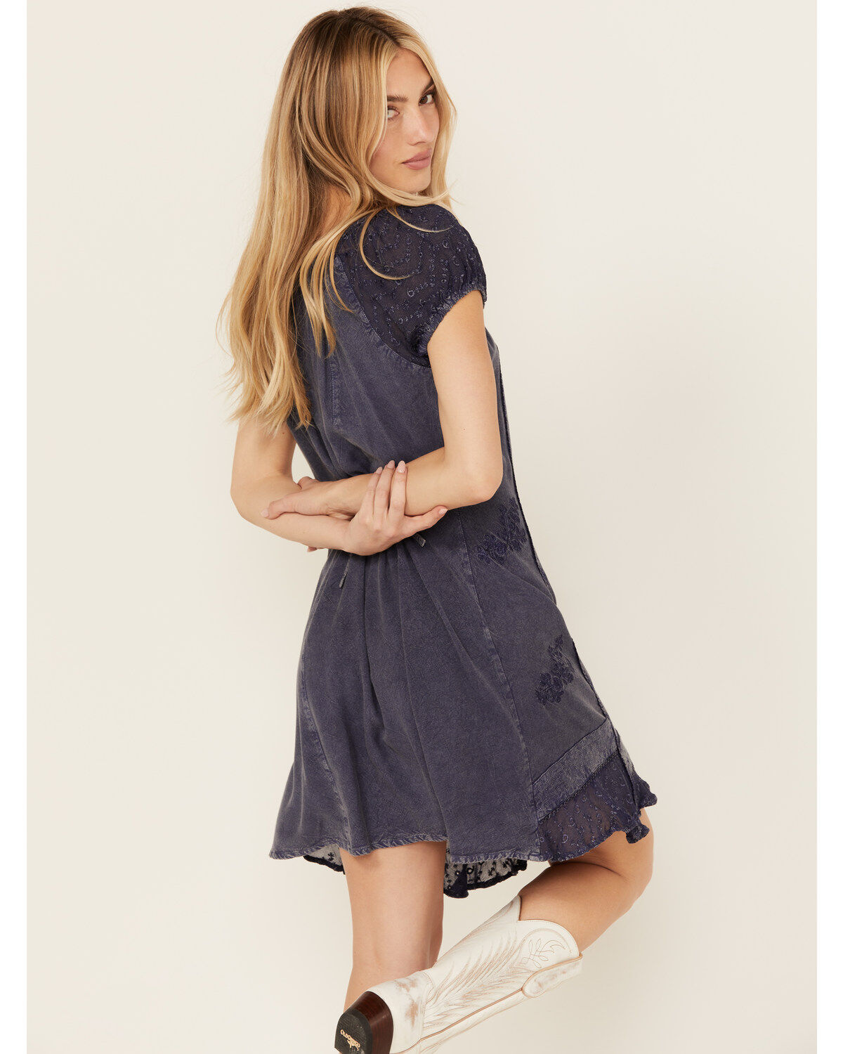 Image #2 - Gunit Women's Denim Floral Short Sleeve Mini Dress, Blue, hi-res