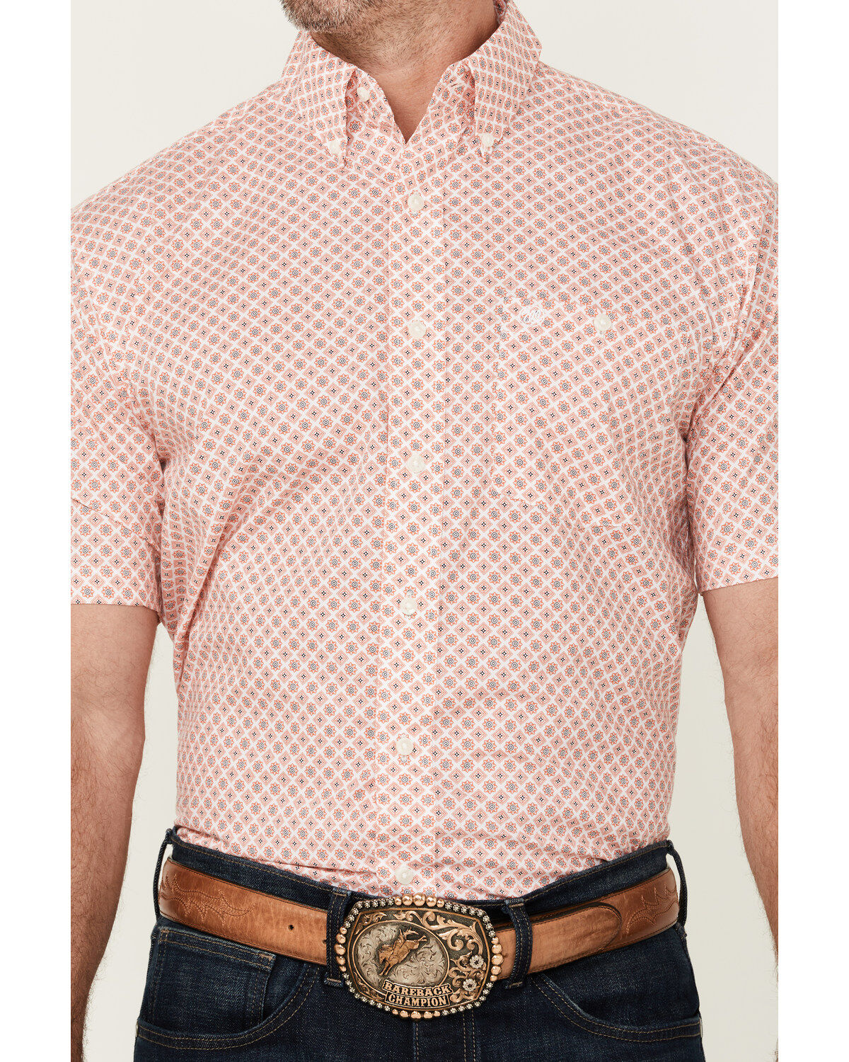 Image #3 - Wrangler Men's Classic Medallion Print Short Sleeve Button-Down Western Shirt, Orange, hi-res