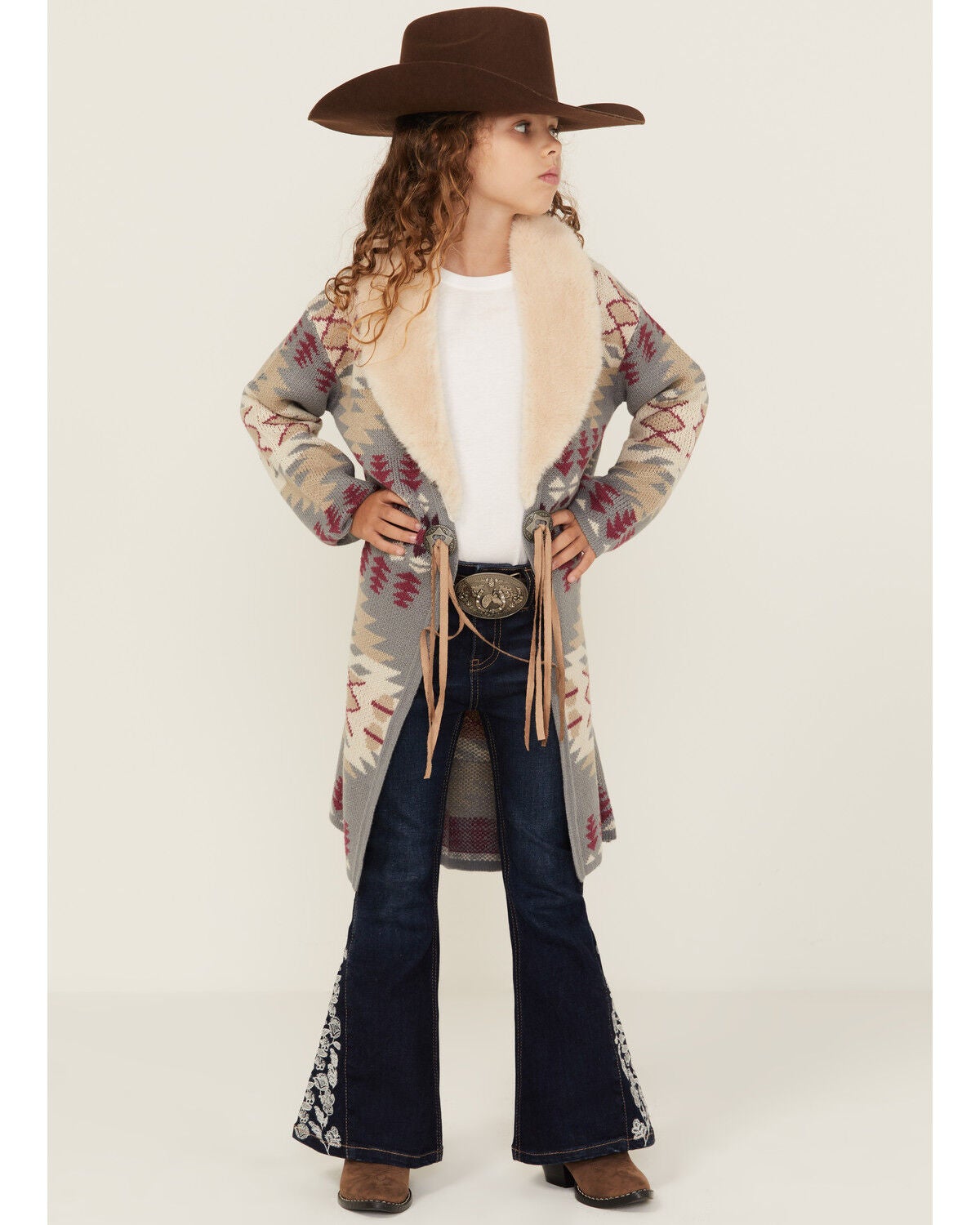 Shyanne Girls' Southwestern Print Fur Trim Cardigan, Slate, hi-res