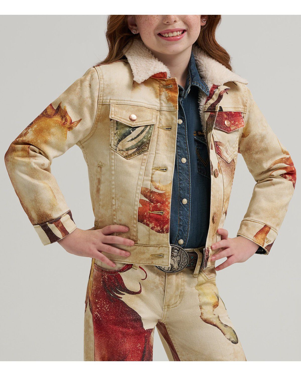 Image #1 - Wrangler X Lainey Wilson Girls' Horse Trucker Jacket, Tan, hi-res