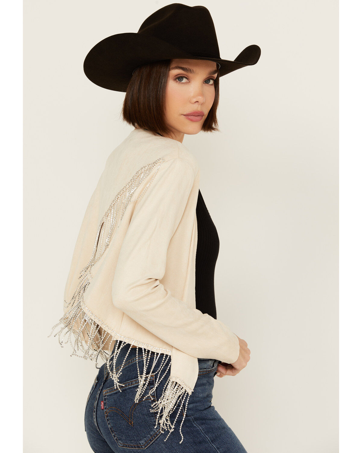 Image #2 - Vocal Women's Rhinestone Fringe Jacket, Cream, hi-res