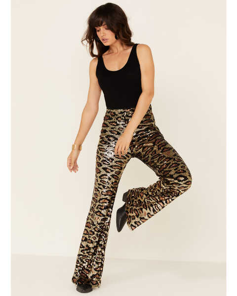 Show Me Your Mumu Women's Cheetah Sequin Gretta Flare Jeans, Multi, hi-res