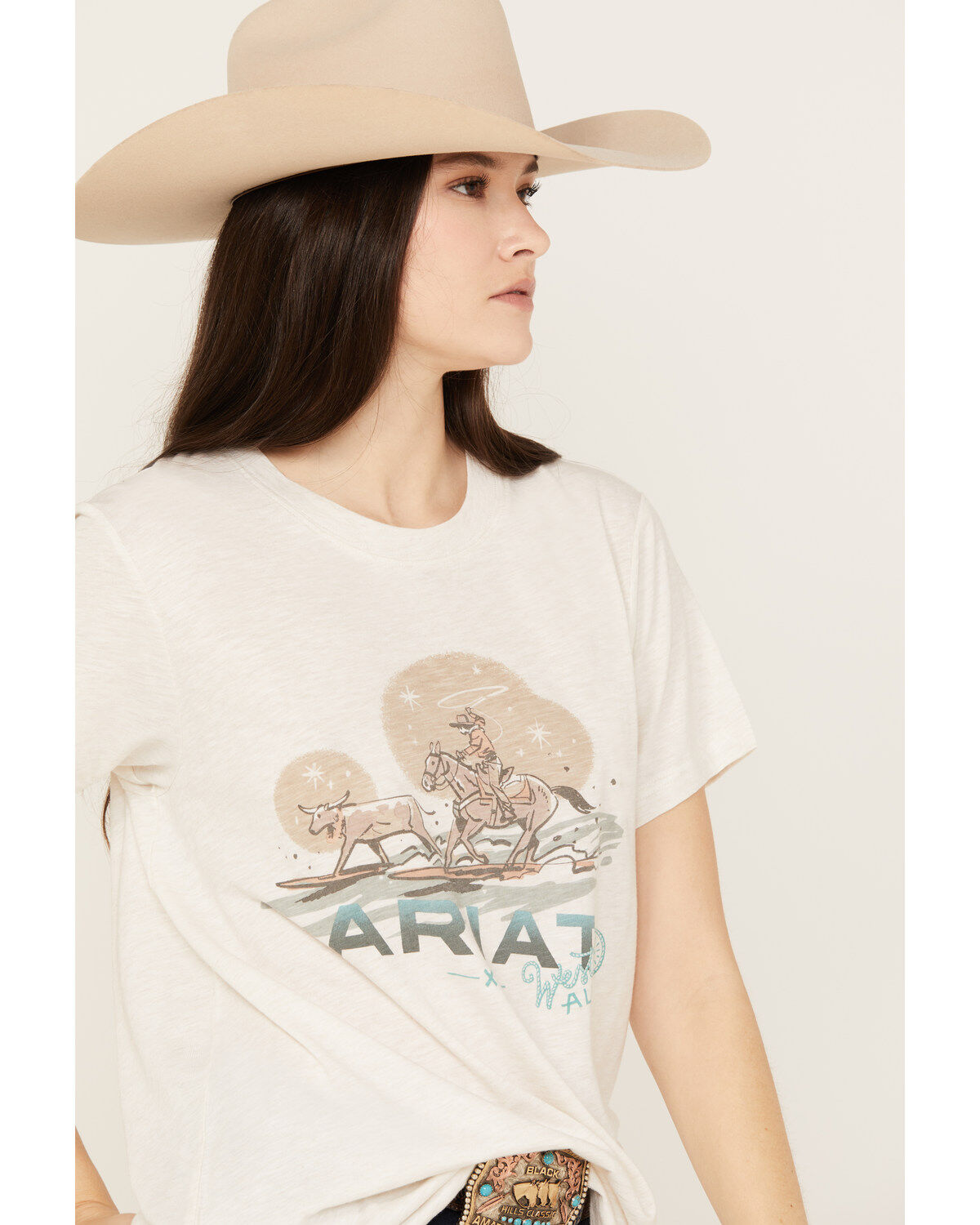 Image #2 - Ariat Women's Boot Barn Exclusive Surfin' Longhorn Aloha Short Sleeve Graphic Tee, Ivory, hi-res