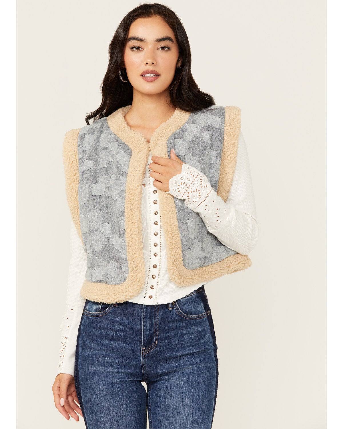 Miss Me Women's Geo Print Fleece Lined Vest, Light Blue, hi-res