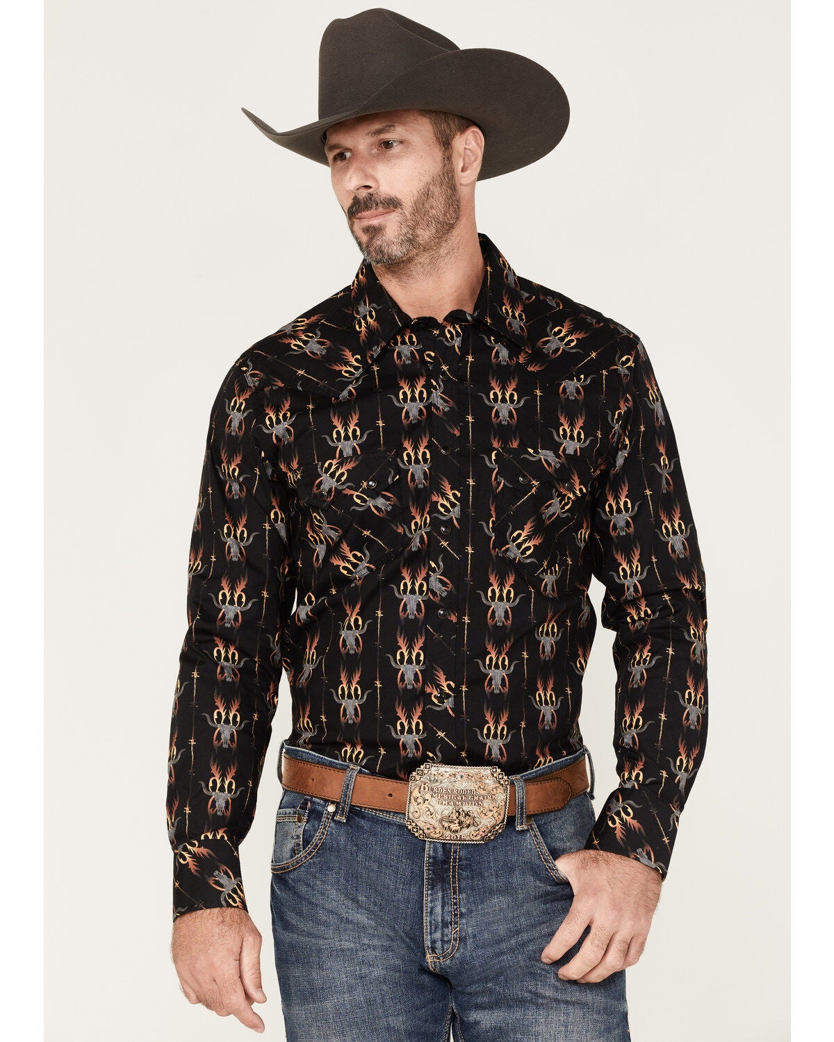 Dale Brisby Men's Antler Bull Skull Print Long Sleeve Snap Stretch Western Shirt, Black, hi-res