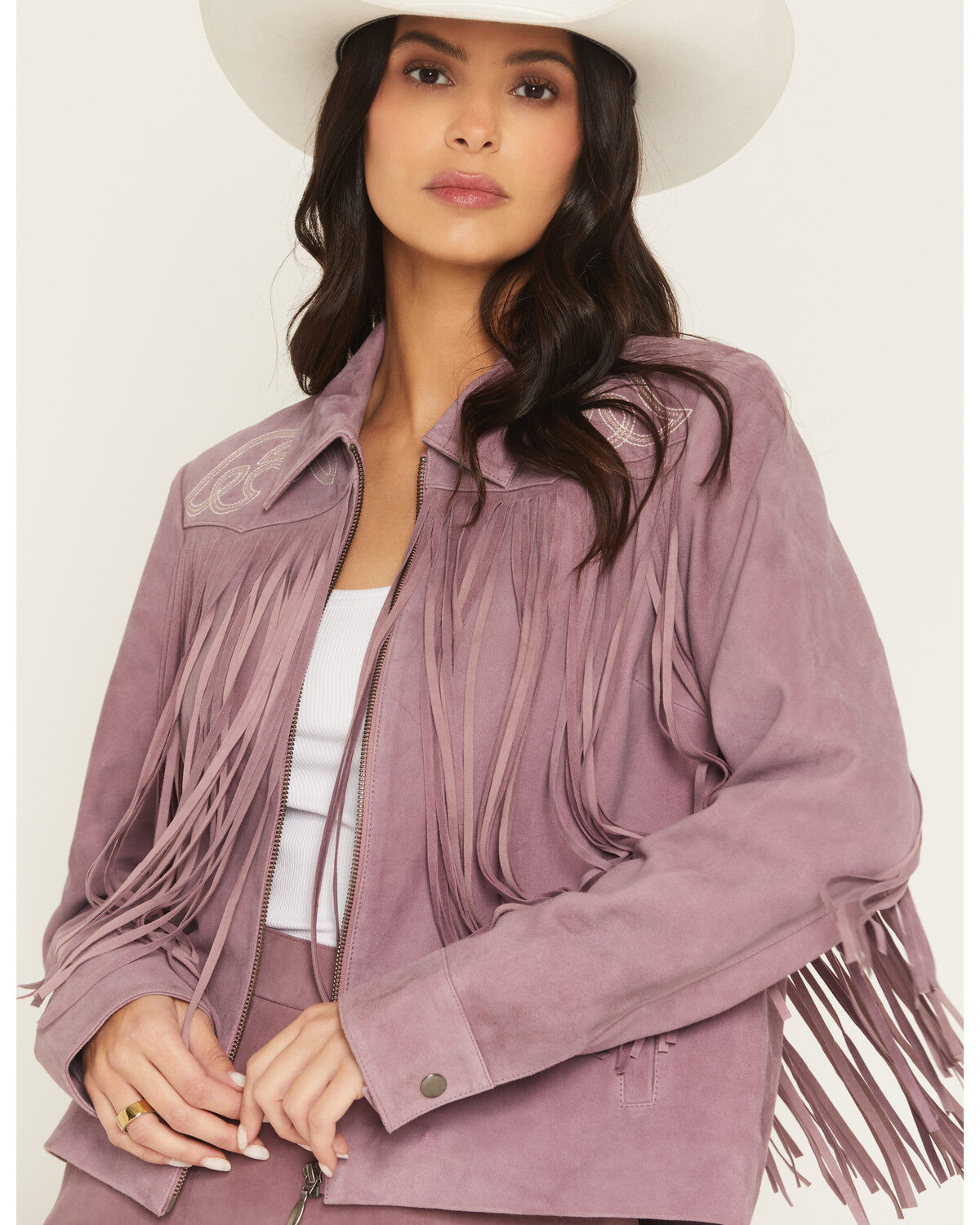 Image #1 - Idyllwind Women's Brook Embroidered Fringe Suede Jacket, Orchid, hi-res