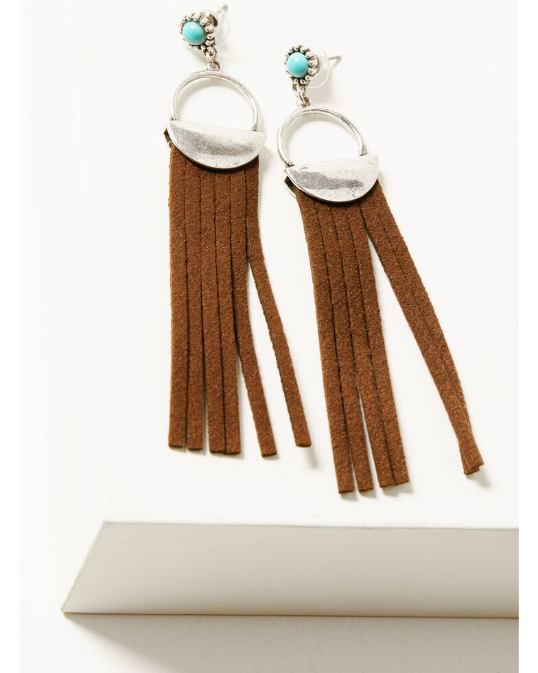 Shyanne Women's Turquoise & Brown Leather Fringe Earrings , Silver, hi-res