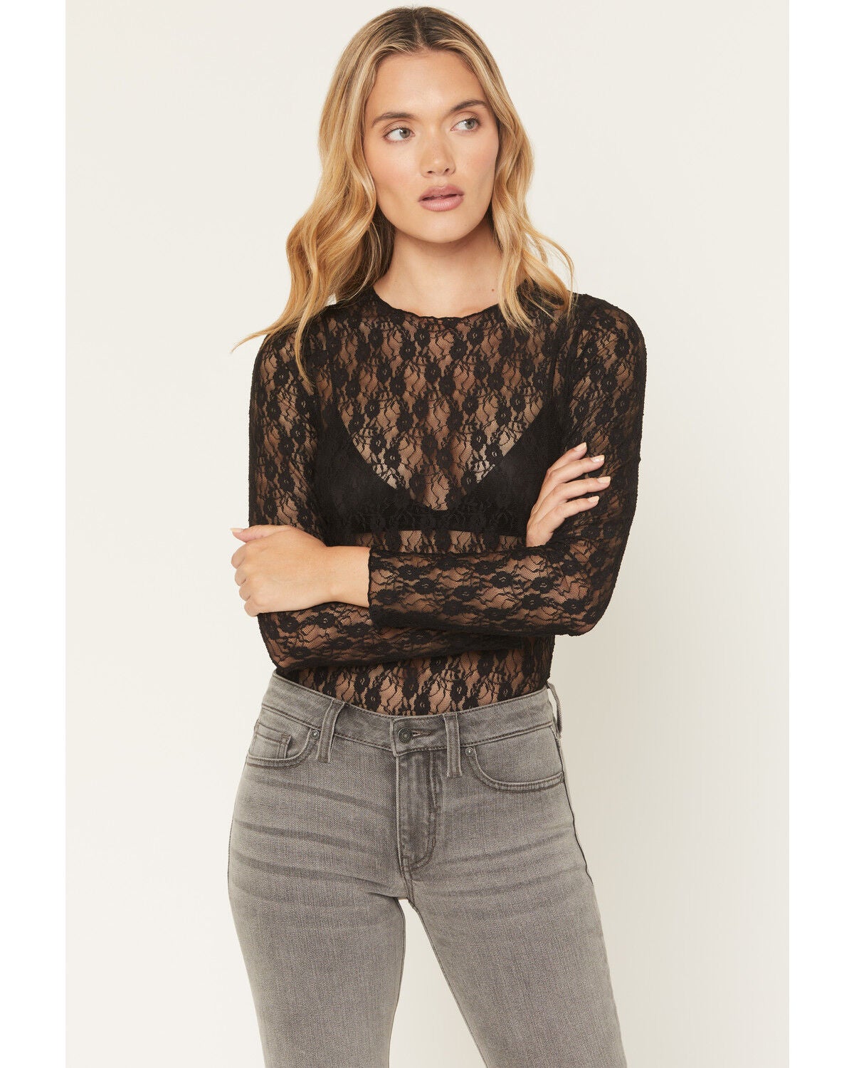 Ash & Violet Women's Solid Lace Long Sleeve Sheer Shirt, Black, hi-res